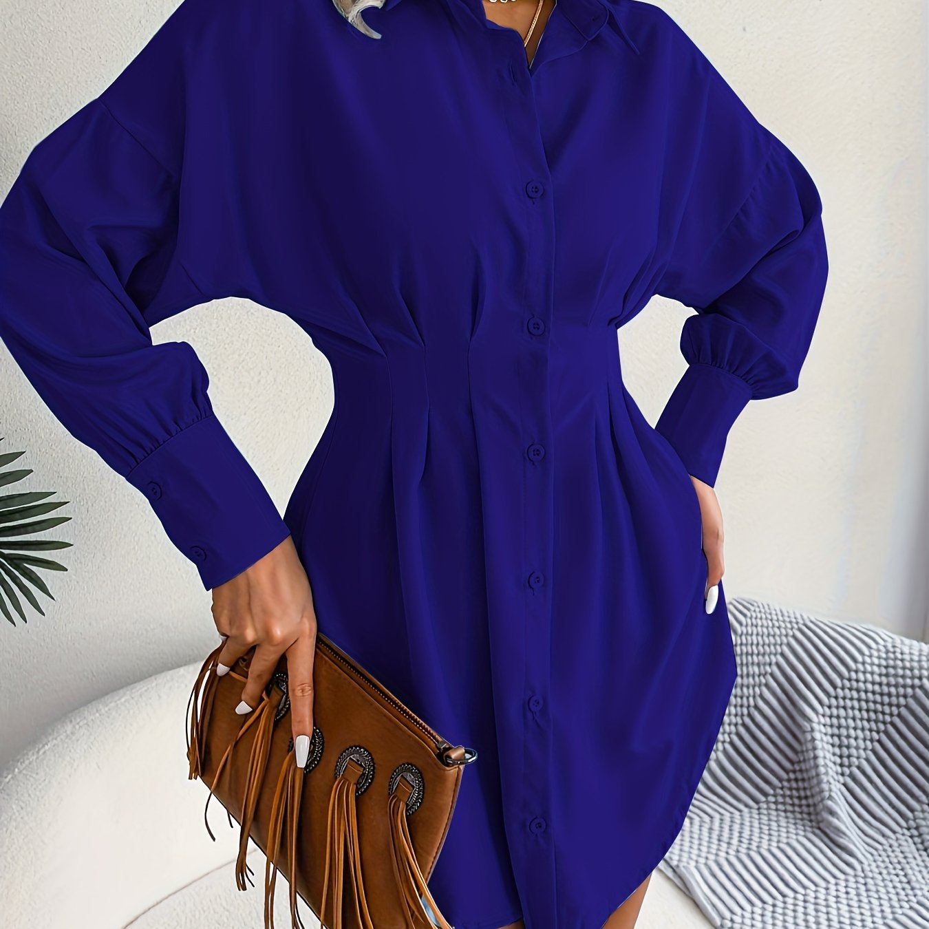Antmvs Long Sleeve Mini Shirt Dress, Button Up Casual Dress For Fall & Spring, Women's Clothing