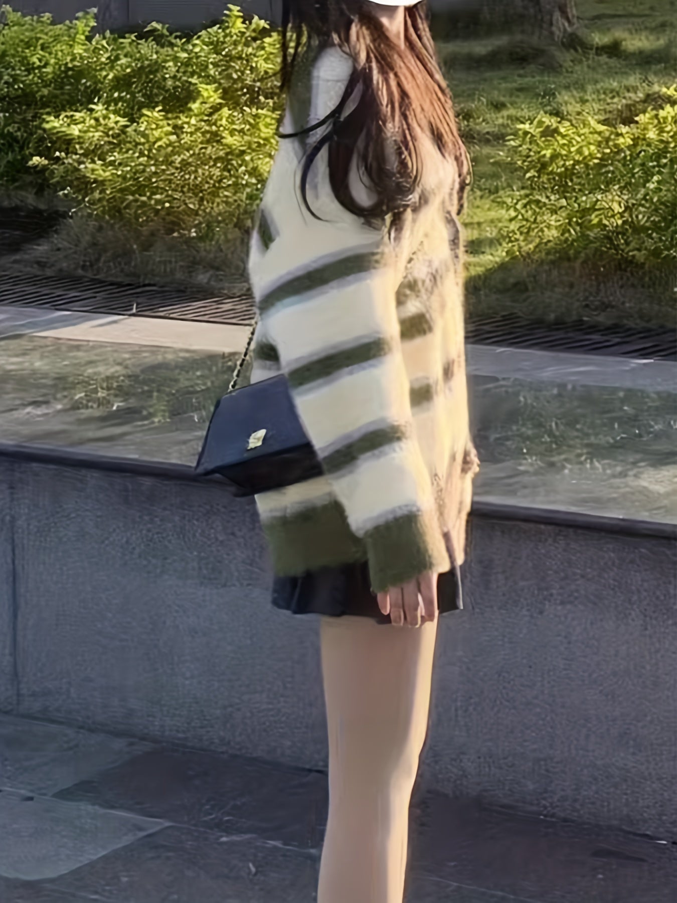 Antmvs Striped Button Down Knit Cardigan, Cute Long Sleeve Loose Sweater With Pocket, Women's Clothing