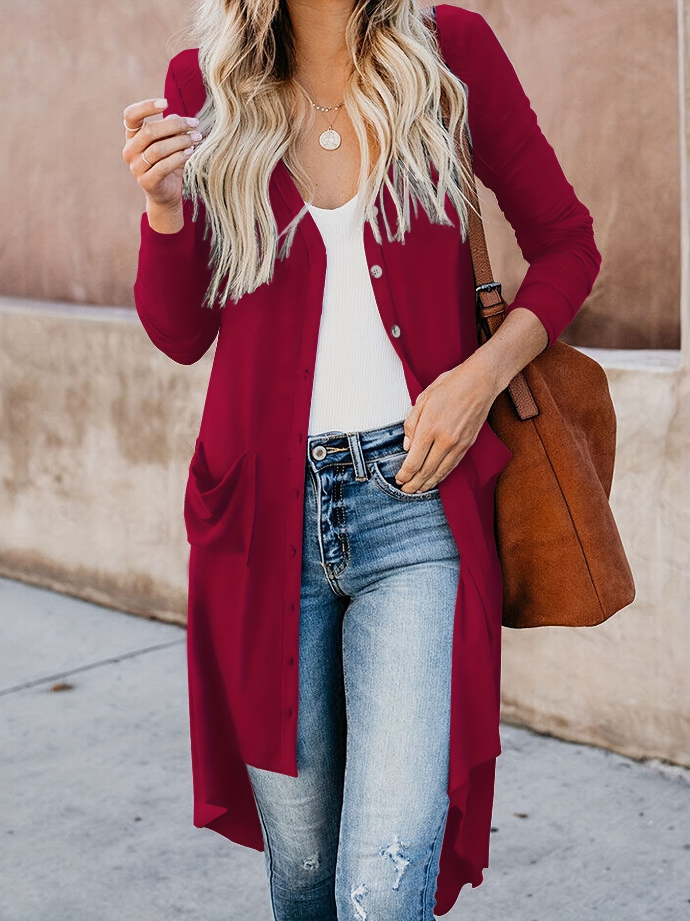Antmvs Plus Size Casual Coat, Women's Plus Solid Long Sleeve Button Up V Neck High Low Hem Pocketed Sweater Cardigan