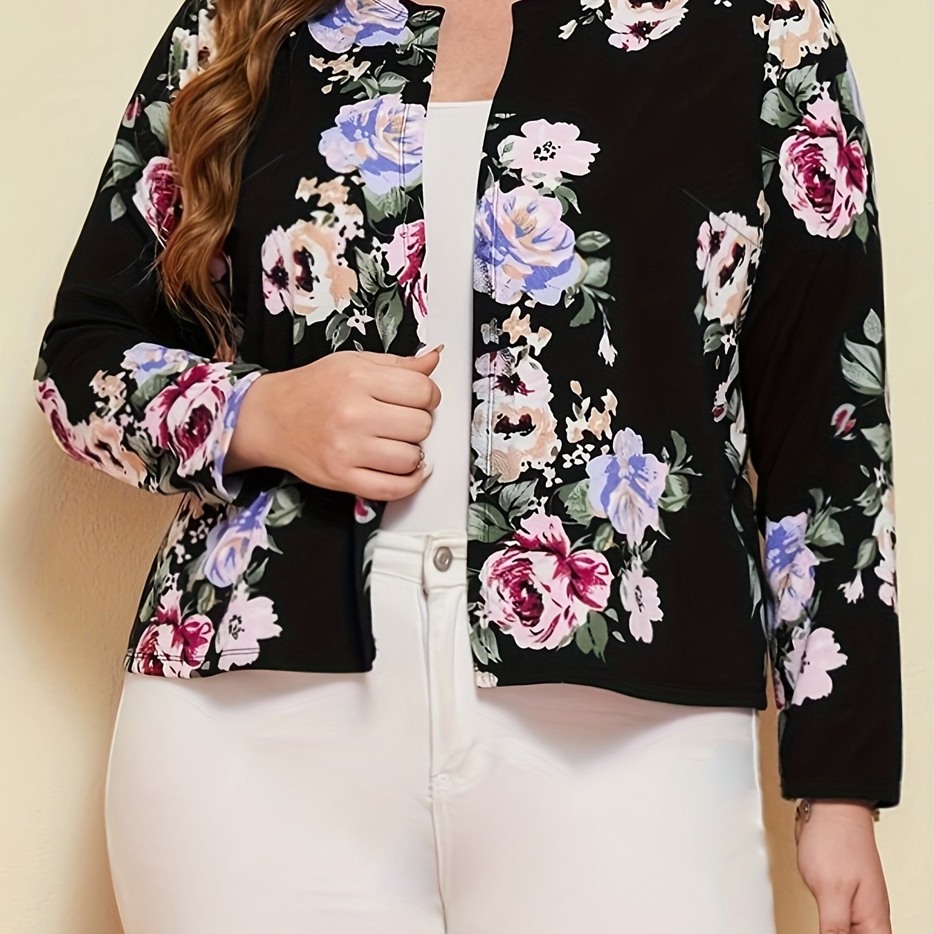 Antmvs Plus Size Casual Coat, Women's Plus Floral Print Long Sleeve Open Front Jacquard Coat