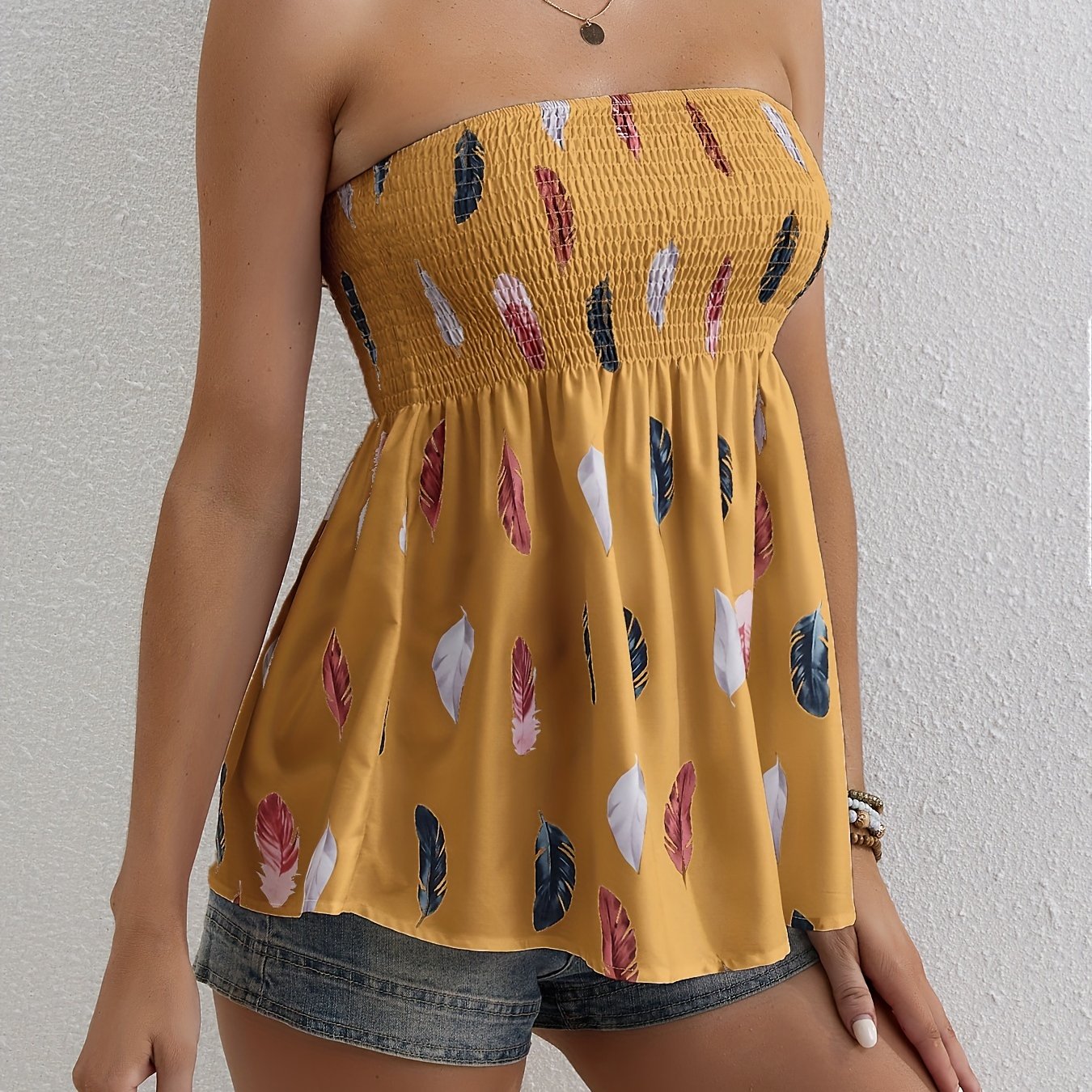 Antmvs Feather Print Shirred Flared Tube Top, Resort Wear Sleeveless Top For Summer, Women's Clothing