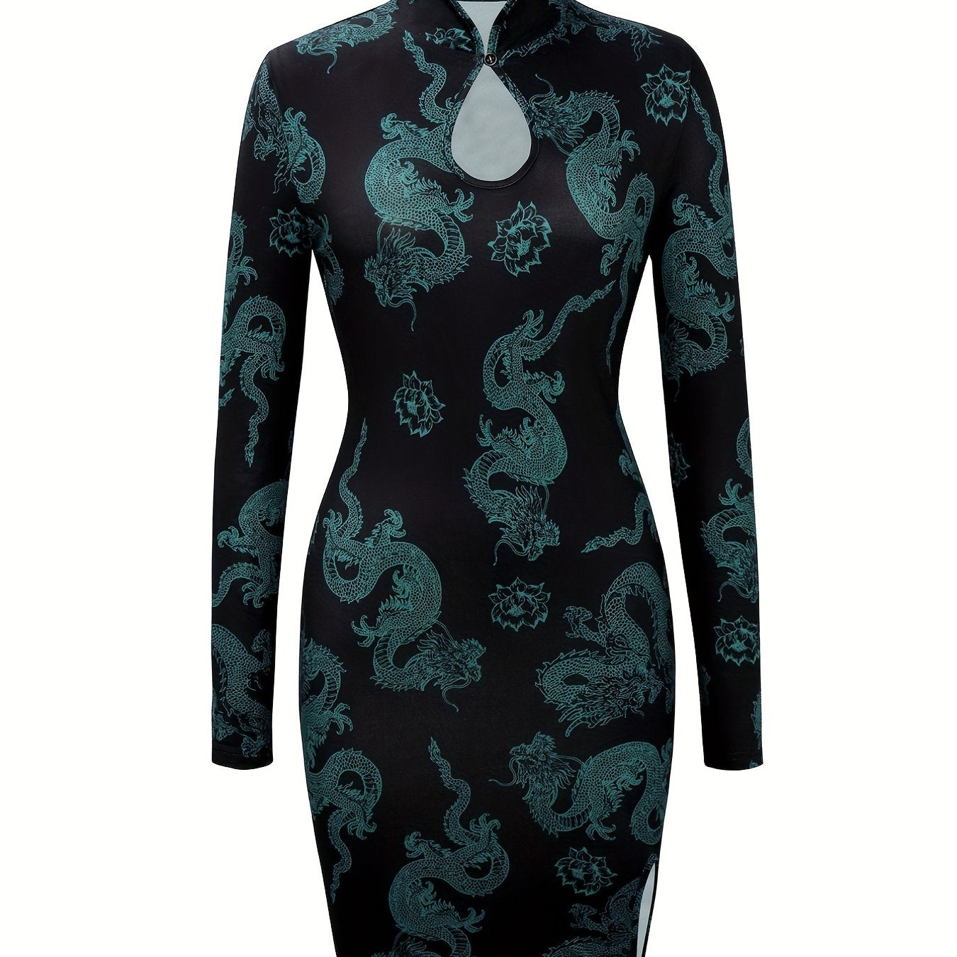 Antmvs Chinese Vintage Cheongsam, Bodycon Long Sleeve Keyhole Mandarin Collar Split Hem Dress, Women's Clothing