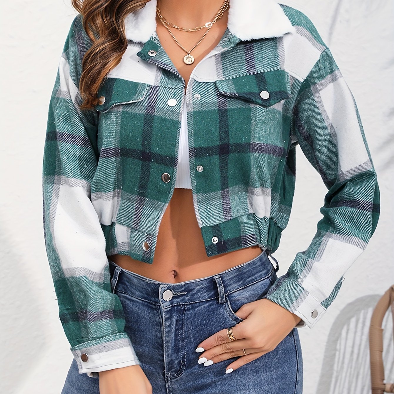 Antmvs Button Plaid Faux Fur Collar Jacket, Casual Long Sleeve Crop Jacket For Fall & Winter, Women's Clothing