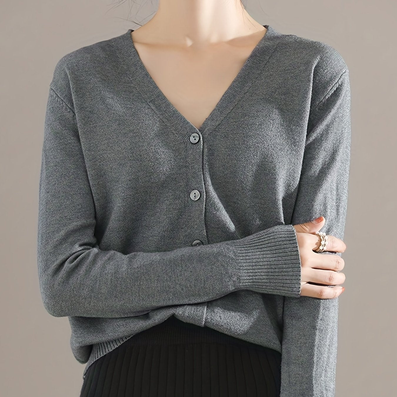 Antmvs Elegant V-neck Solid Cardigan, Long Sleeve Cardigan For Spring & Fall, Women's Clothing