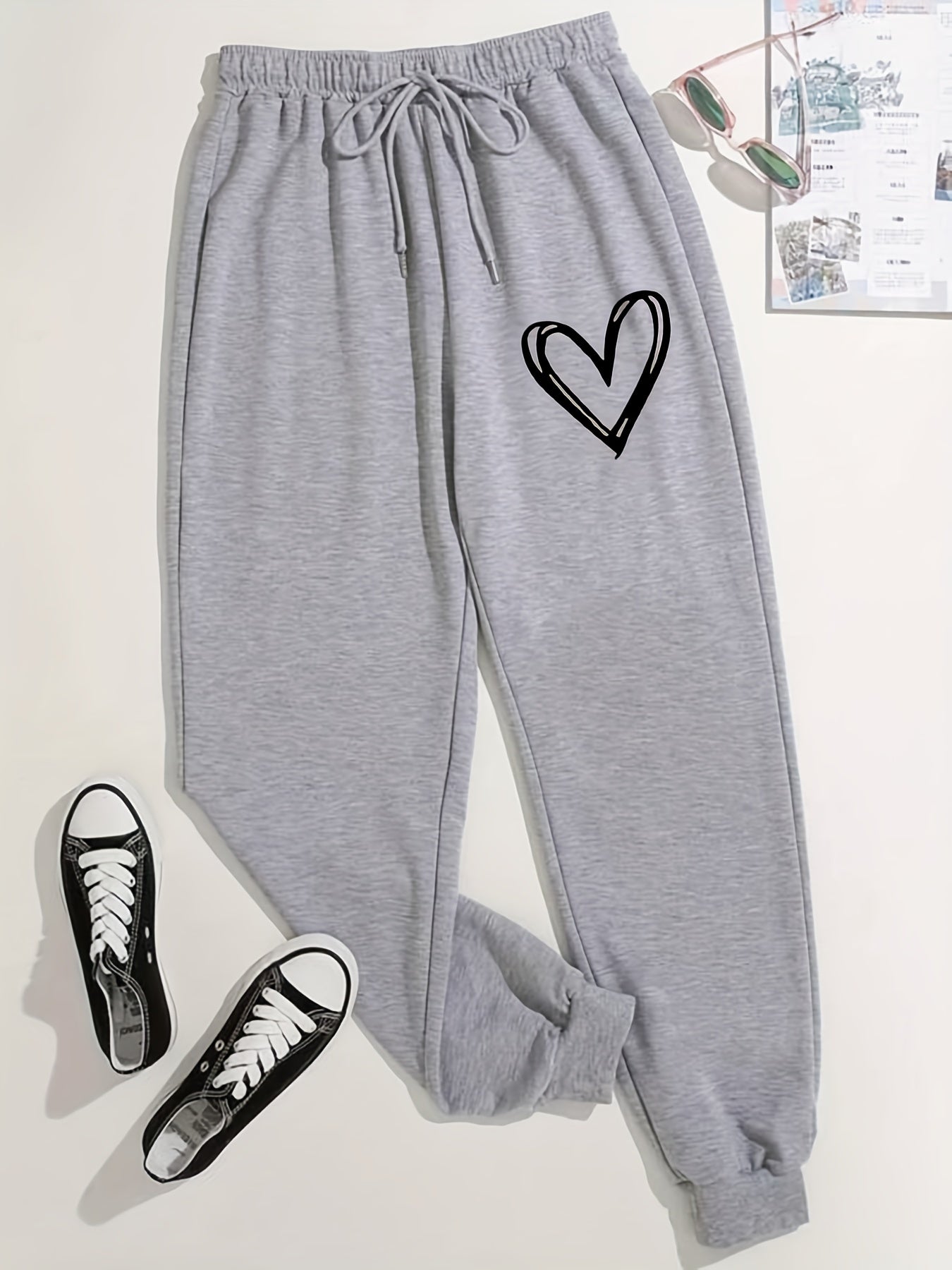 Antmvs Hearts Print Jogger Pants, Drawstring Waist Casual Sports Sweatpants, Women's Clothing