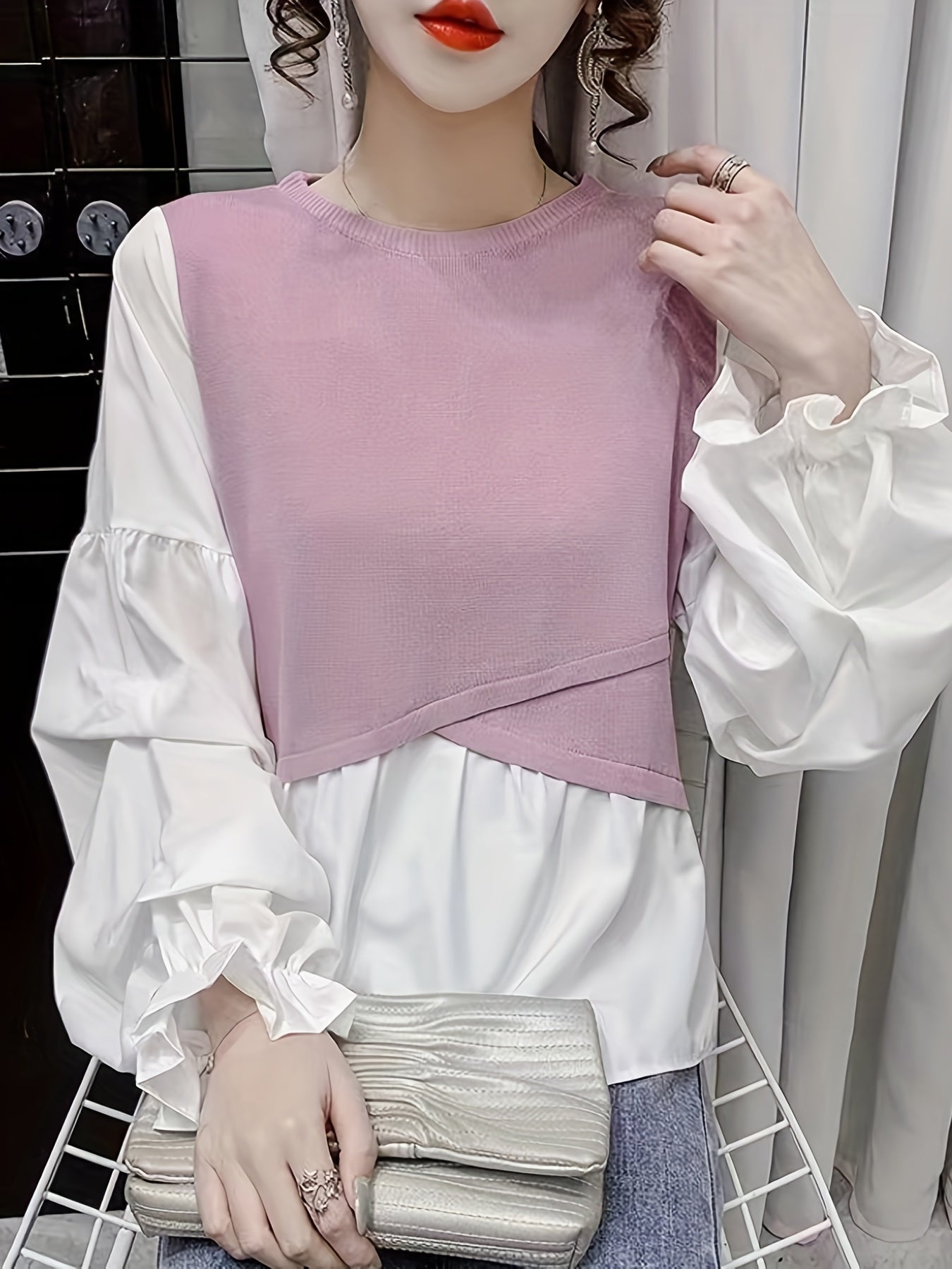 Antmvs Stitching Puff Sleeve Knitted Top, Elegant Crew Neck Long Sleeve Top, Women's Clothing