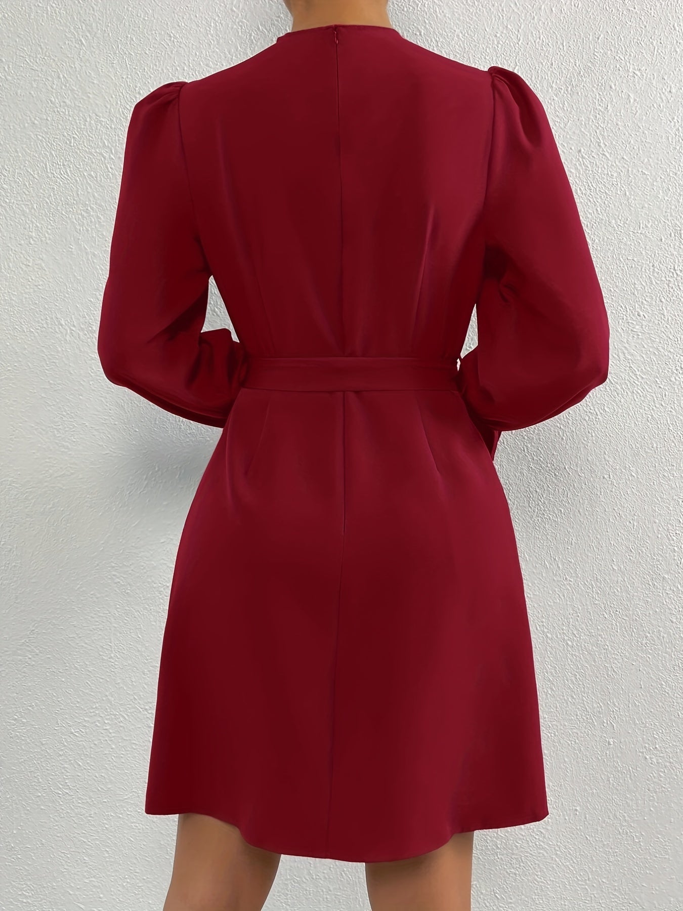 Antmvs Tucked Solid Dress, Elegant Mock Neck Lantern Sleeve Dress, Women's Clothing