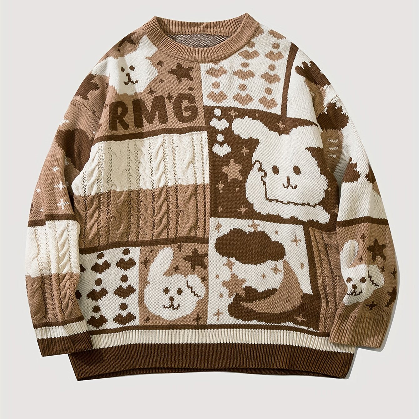 Antmvs Cartoon Rabbit Pattern Knitted Sweater, Men's Casual Warm Slightly Stretch Round Neck Pullover Sweater For Fall Winter