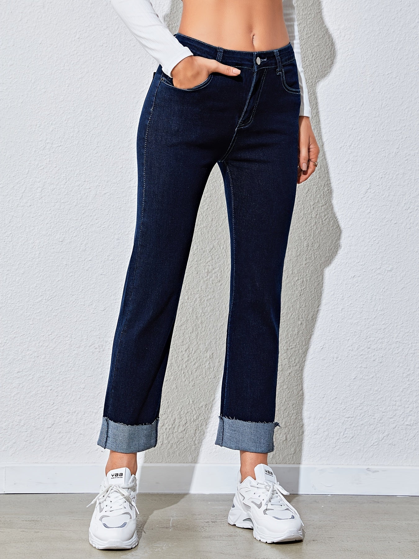 Antmvs Raw Hem Rolled Legs Mid Rise Slim Fit Straight Legs High Stretchy Washed Blue Color Vintage Straight Jeans, Women's Denim Jeans