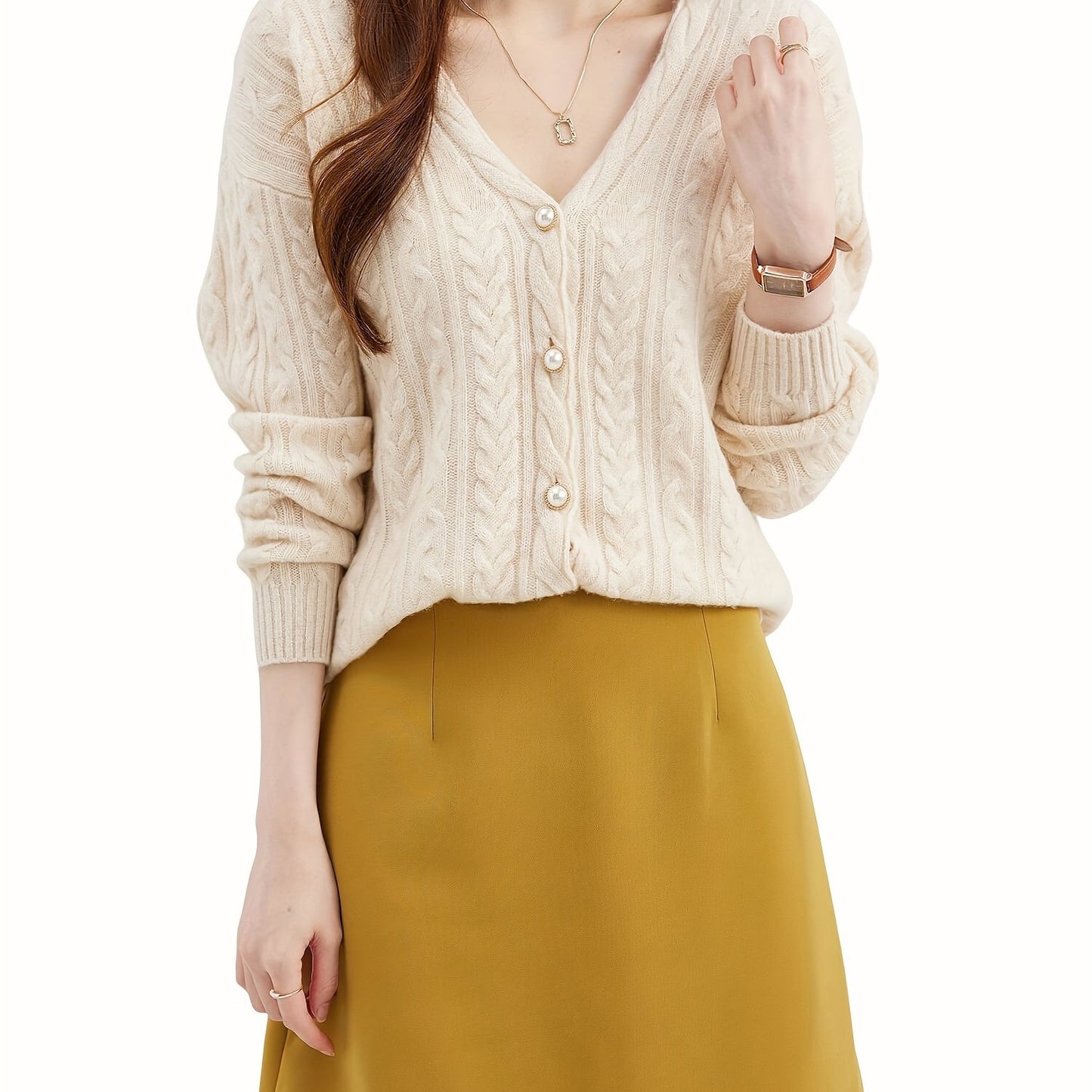 Antmvs Solid Button Down Wool Cable Knit Cardigan, Elegant V Neck Long Sleeve Cozy Sweater, Women's Clothing