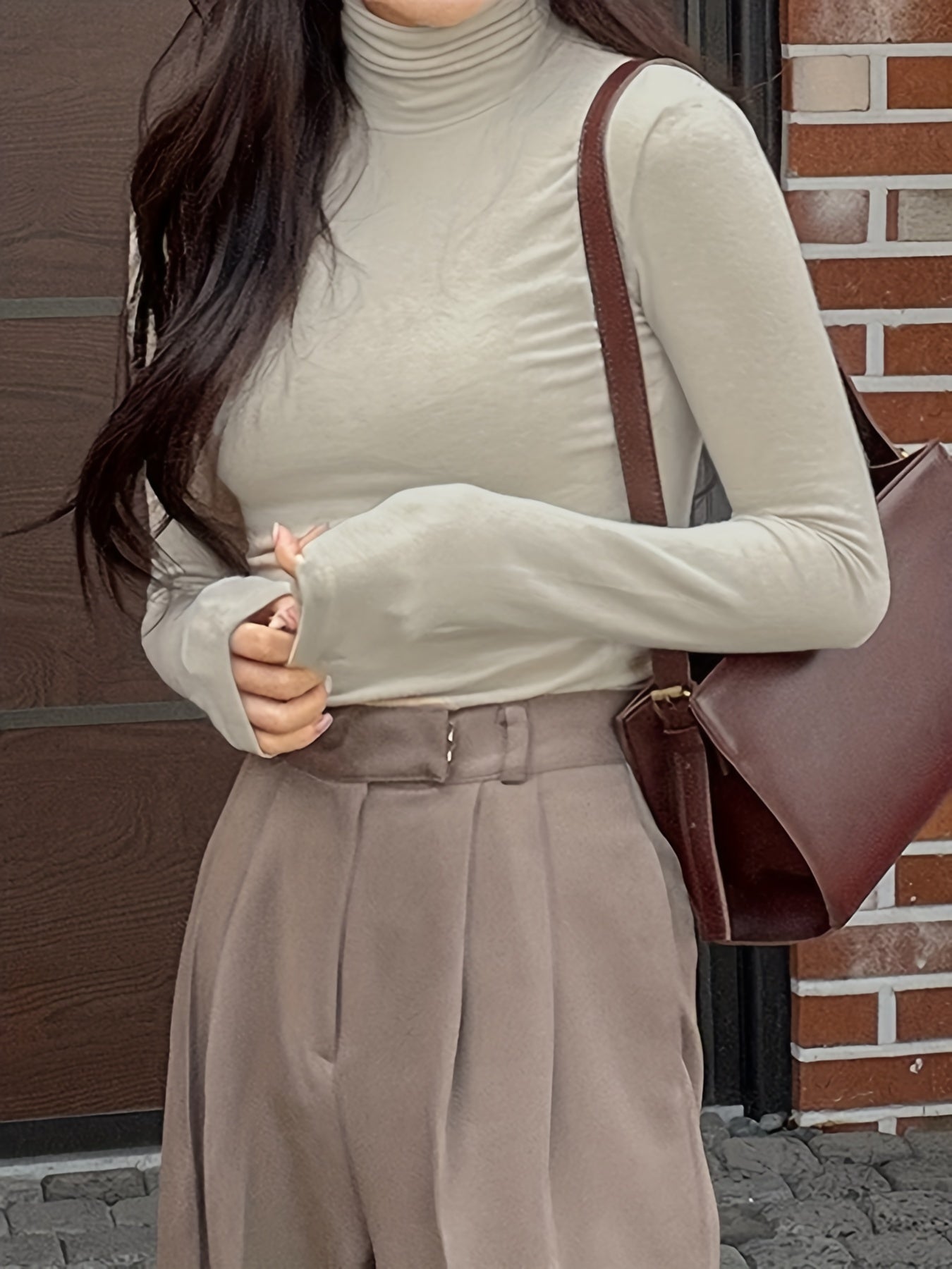 Antmvs Solid Turtle Neck Slim T-Shirt, Casual Long Sleeve T-Shirt For Spring & Fall, Women's Clothing