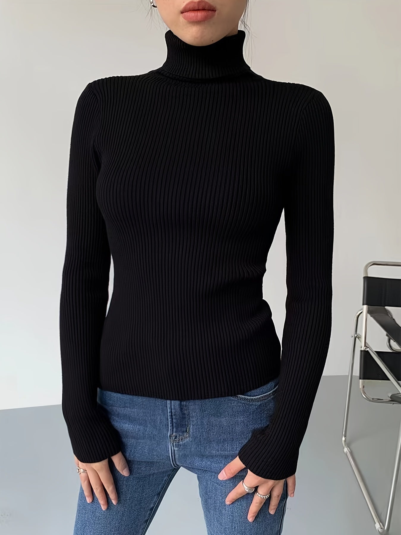 Antmvs Women's Sweater Turtleneck Solid Ribbed Long Sleeve Slim Pullover Knit Tops