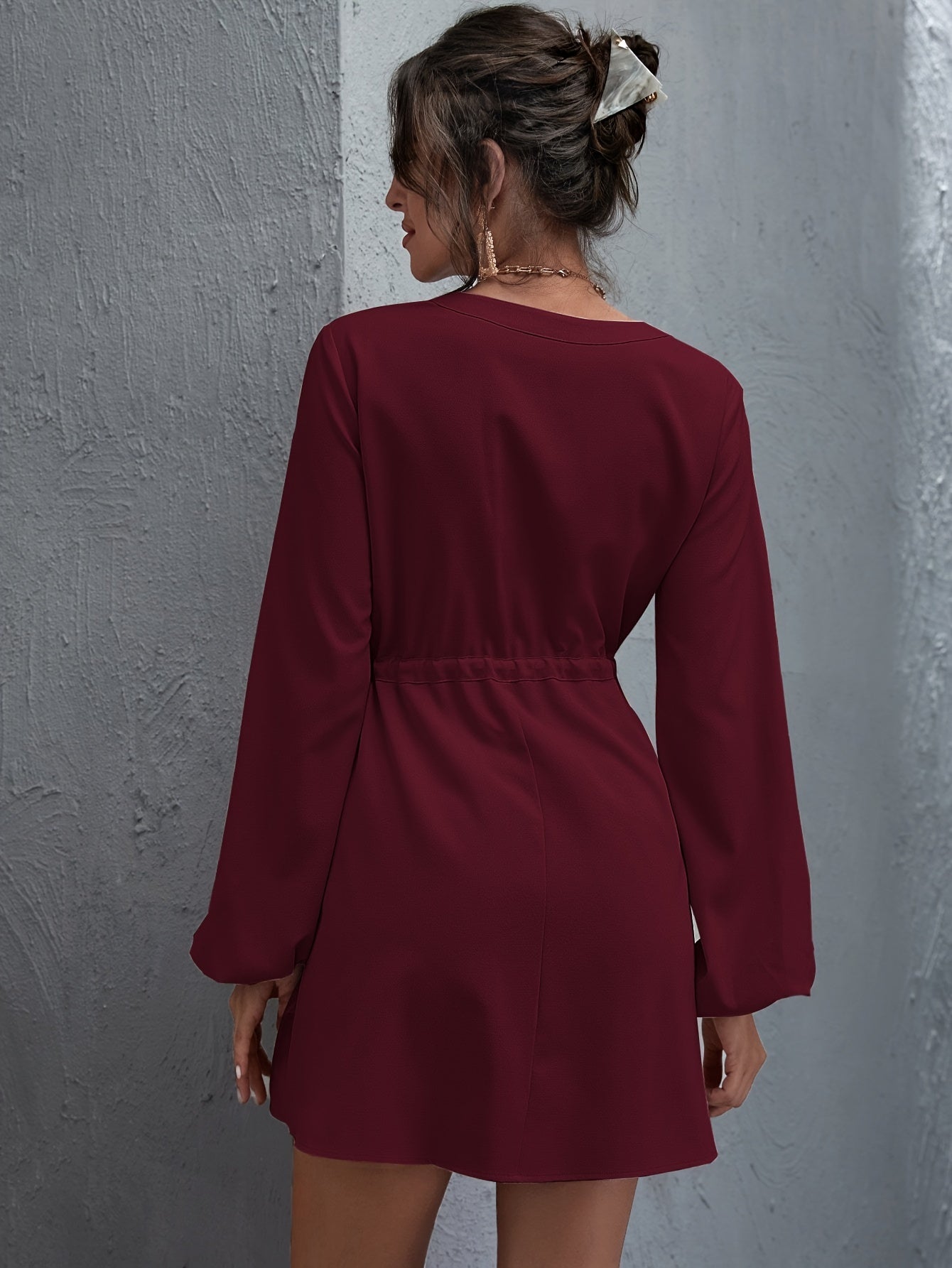 Antmvs Ditsy Floral Print Dress, Elegant V Neck Long Sleeve Dress With Buttons, Women's Clothing