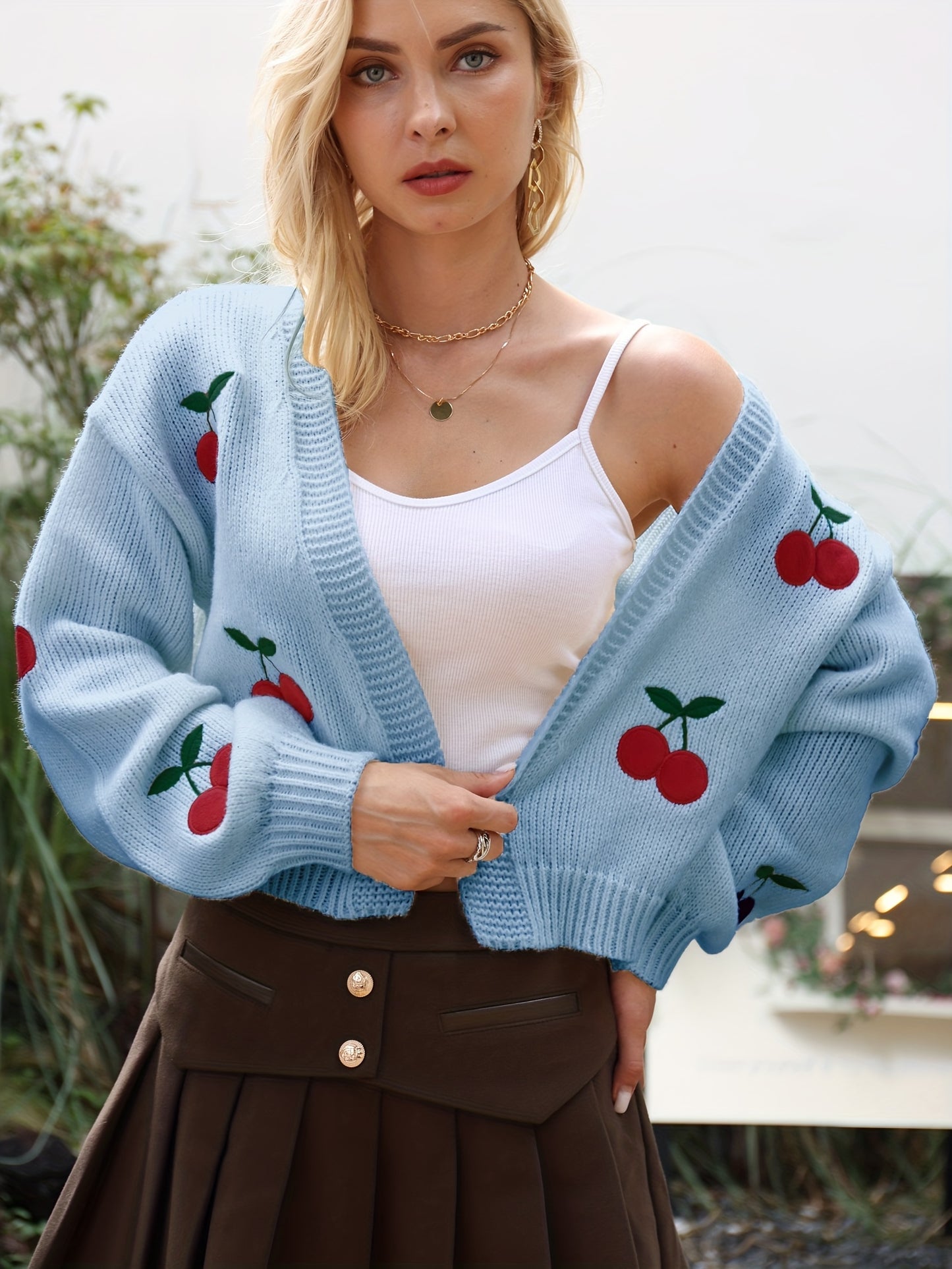 Antmvs Cherry Embroidered Knit Cardigan, Casual Open Front Long Sleeve Sweater, Women's Clothing