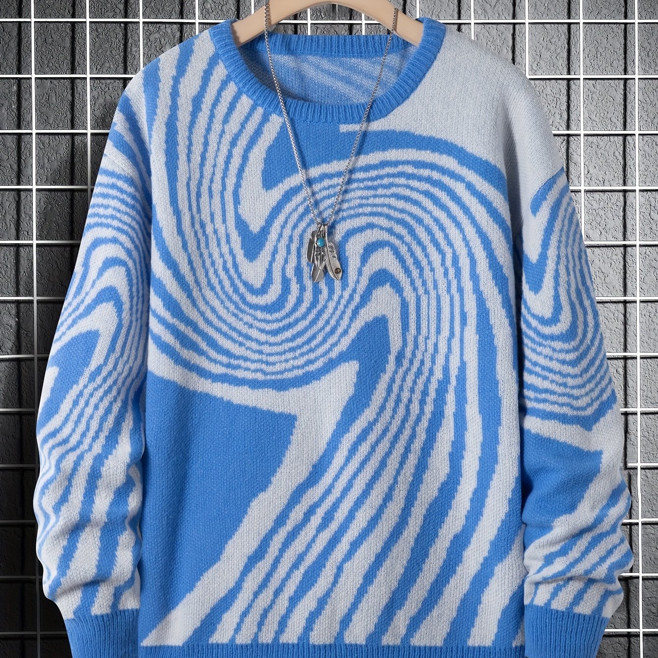 Antmvs Men's Fashion Abstract Graphic Knitted Sweater, Casual Slightly Stretch Breathable Long Sleeve Top For Outdoor Fall Winter