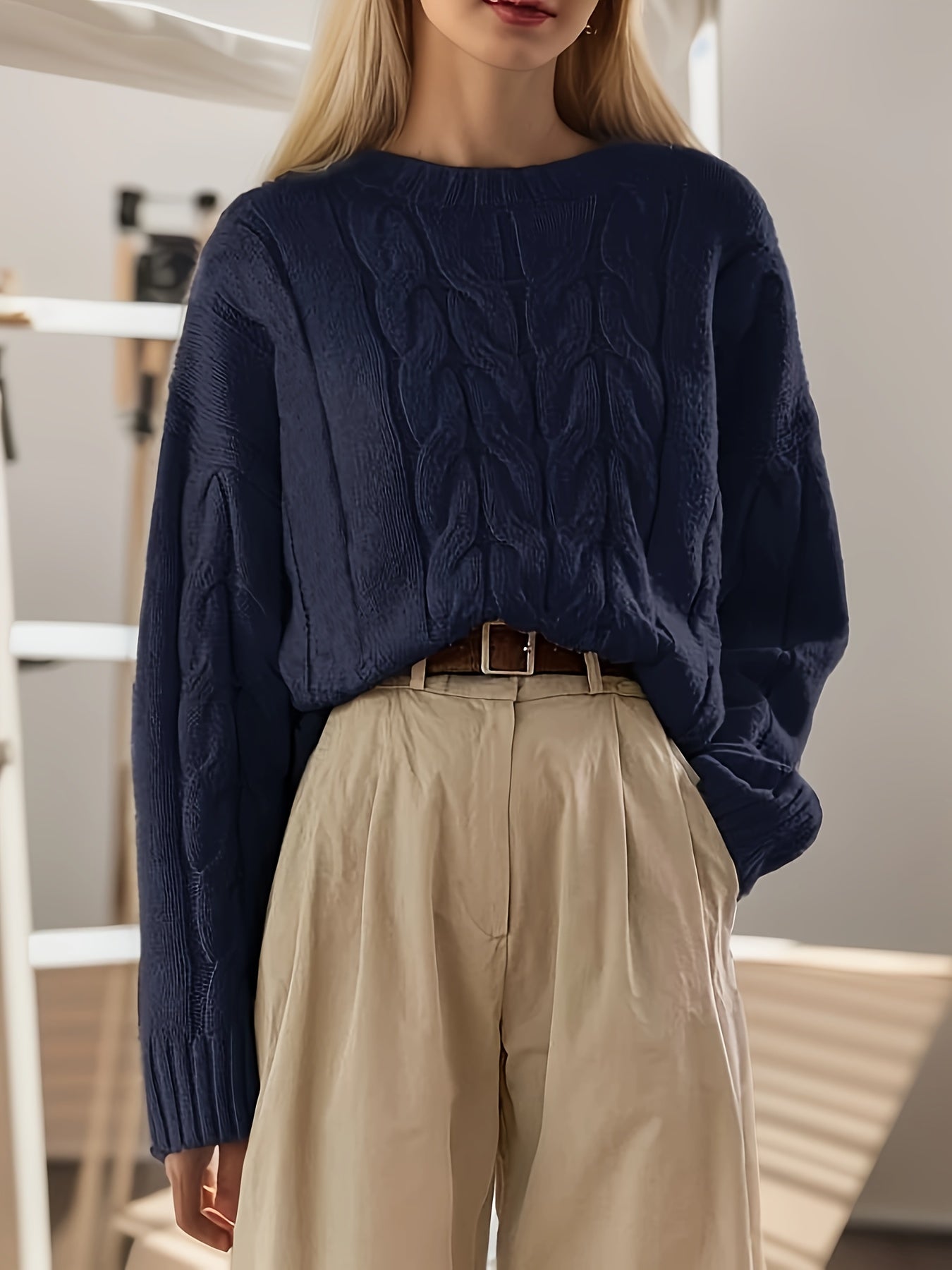 Antmvs Textured Crew Neck Sweater, Versatile Long Sleeve Sweater For Fall & Winter, Women's Clothing