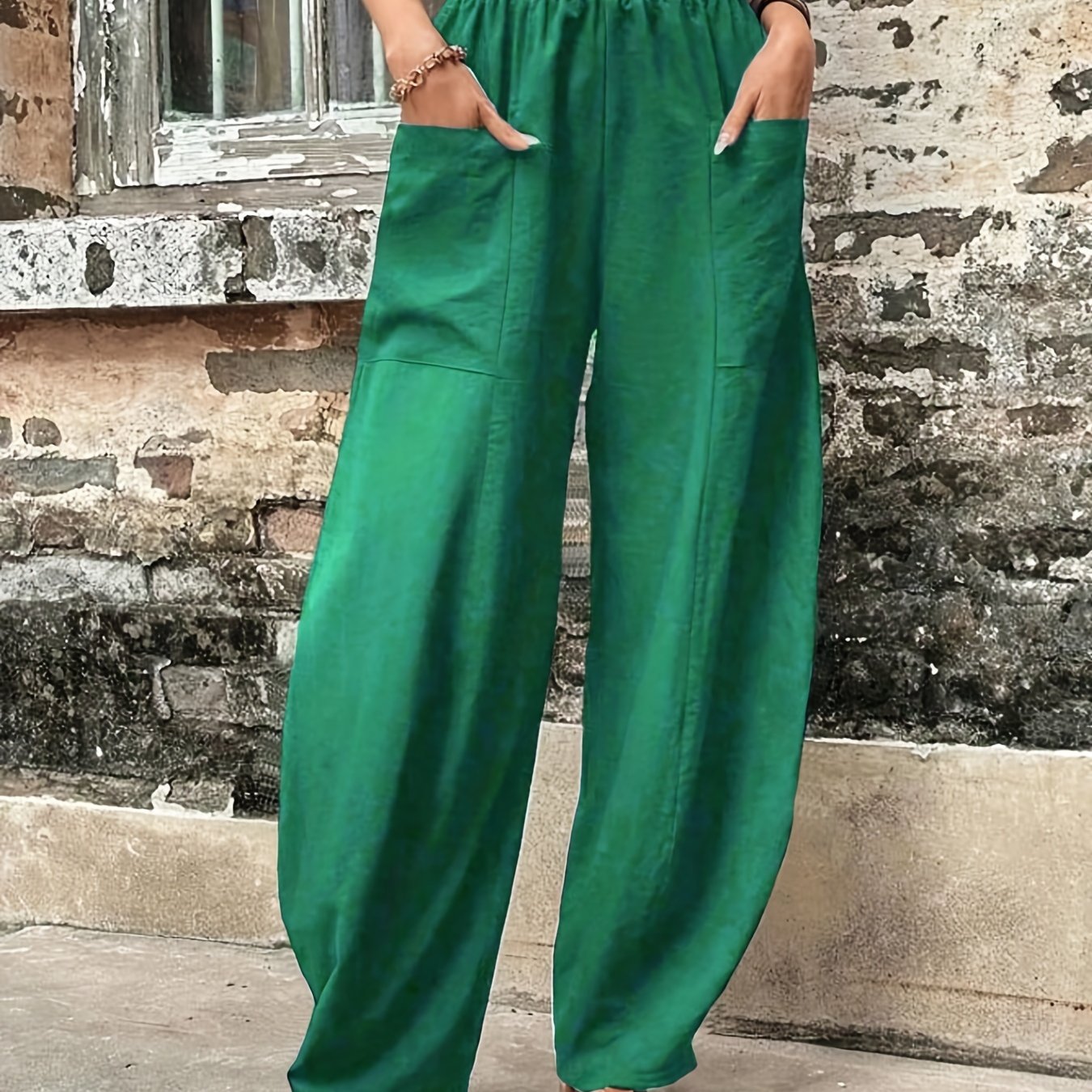 Antmvs Boho Solid Elastic Waist Harem Pants, Casual Long Length Baggy Pants With Pockets For Spring & Summer, Women's Clothing