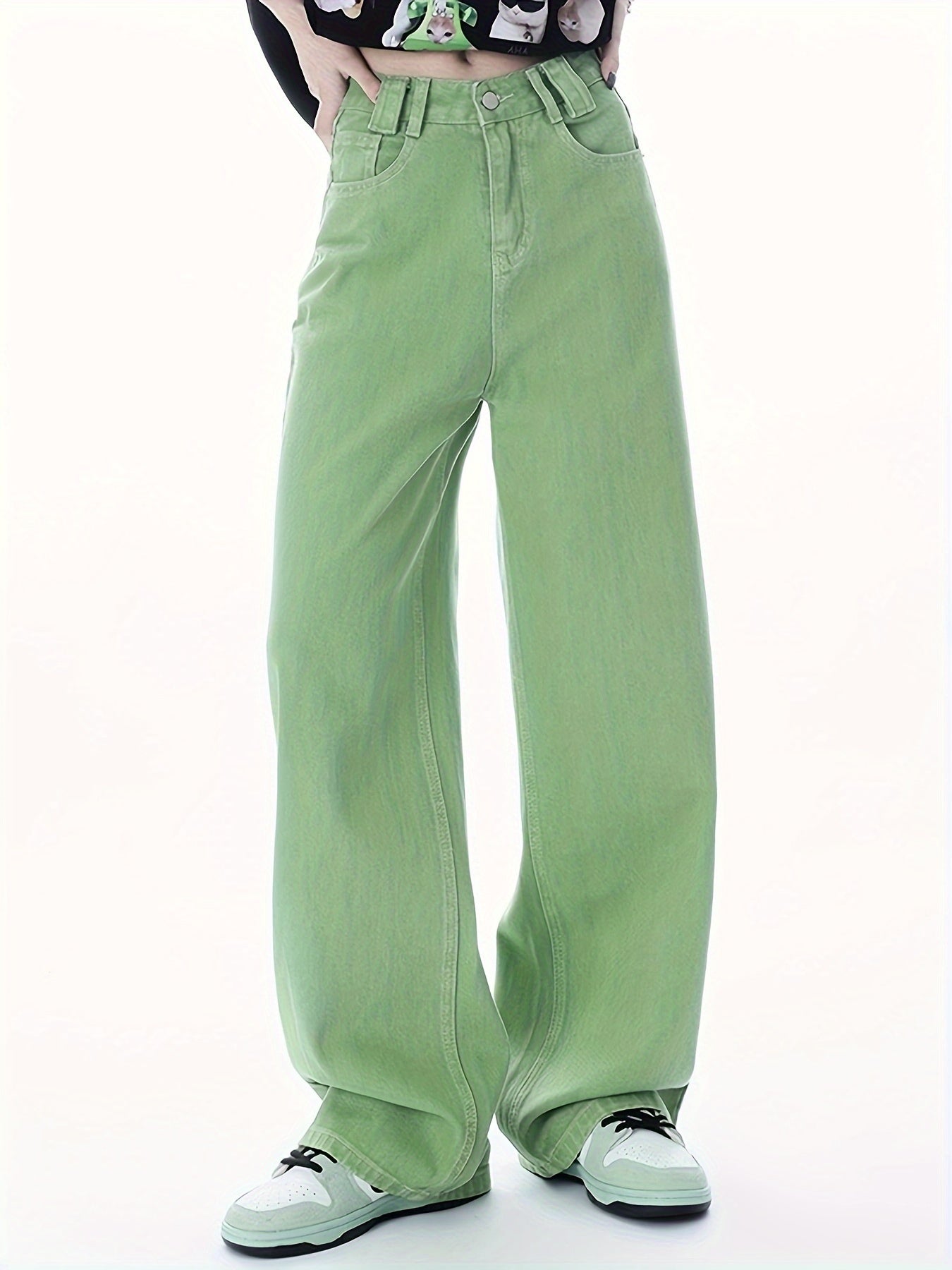 Antmvs Green Loose Fit Straight Jeans, Non-Stretch Slant Pockets Casual Wide Legs Jeans, Women's Denim Jeans & Clothing