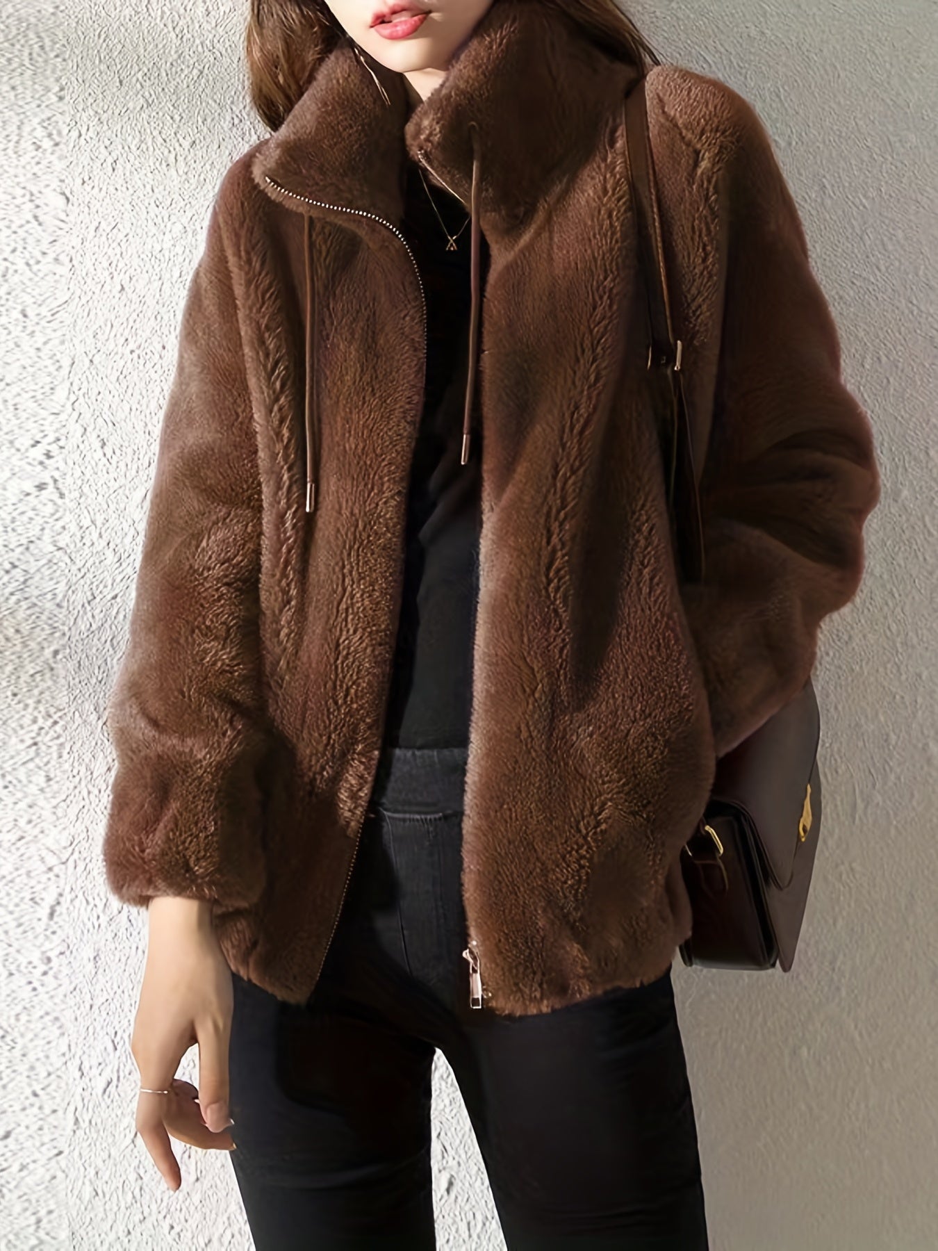 Antmvs Drawstring Teddy Coat, Casual Zip Up Long Sleeve Warm Outerwear, Women's Clothing