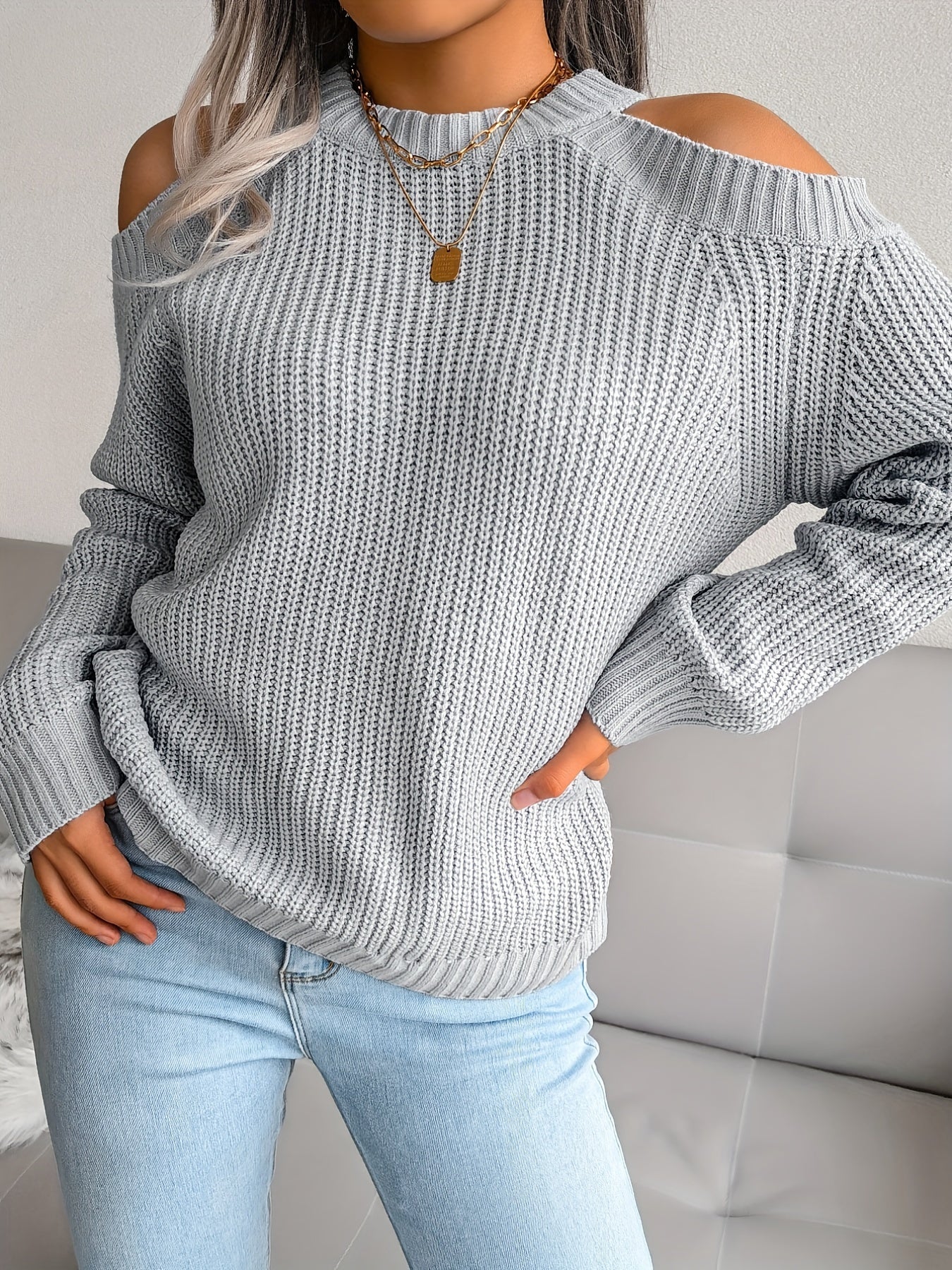 Antmvs Solid Color Crew Neck Cold Shoulder Knitted Tops, Casual Everyday Pullover Sweaters, Women's Clothing