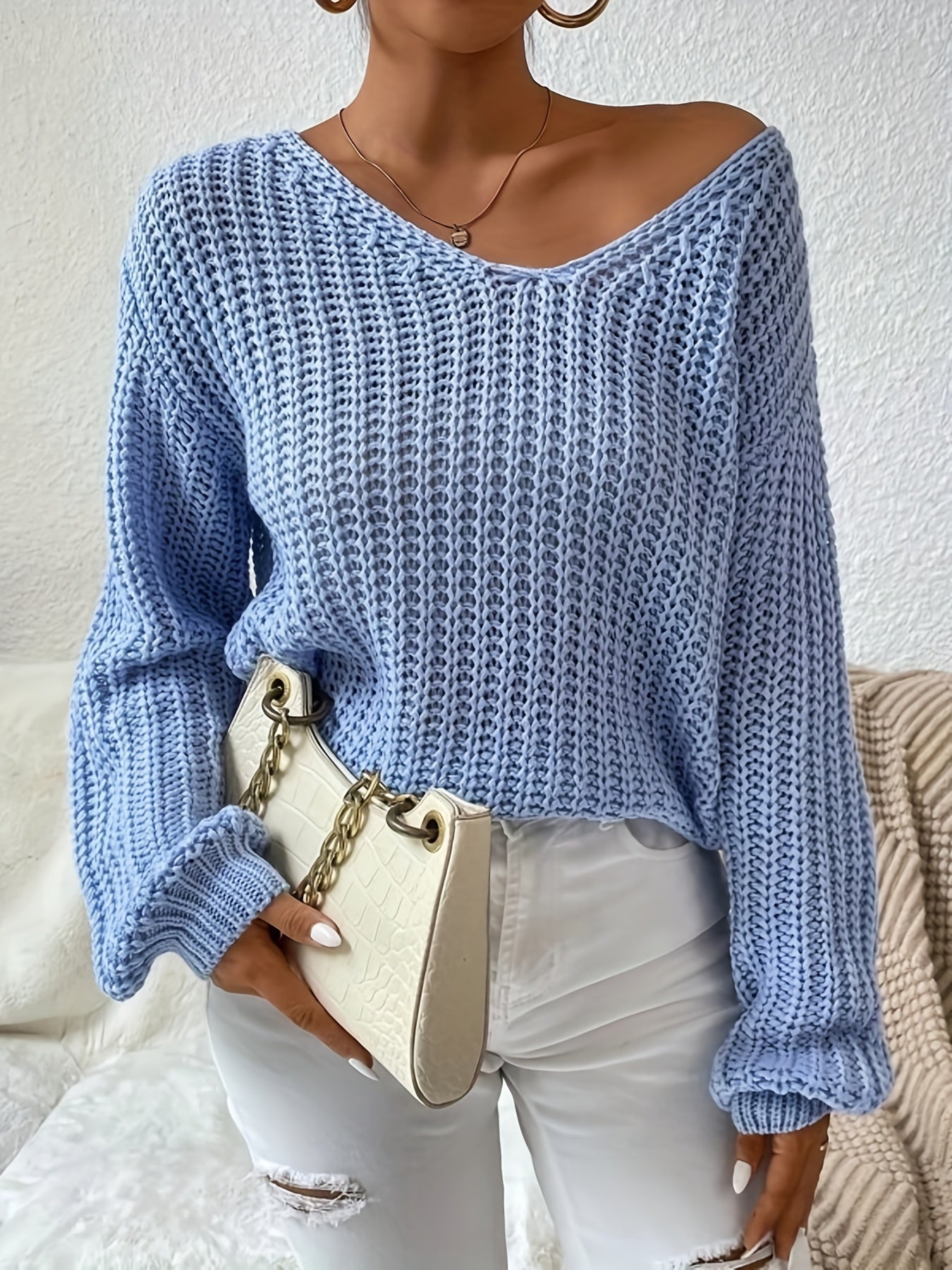 Antmvs V-neck Drop Shoulder Sweater, Casual Long Sleeve Sweater For Fall & Winter, Women's Clothing