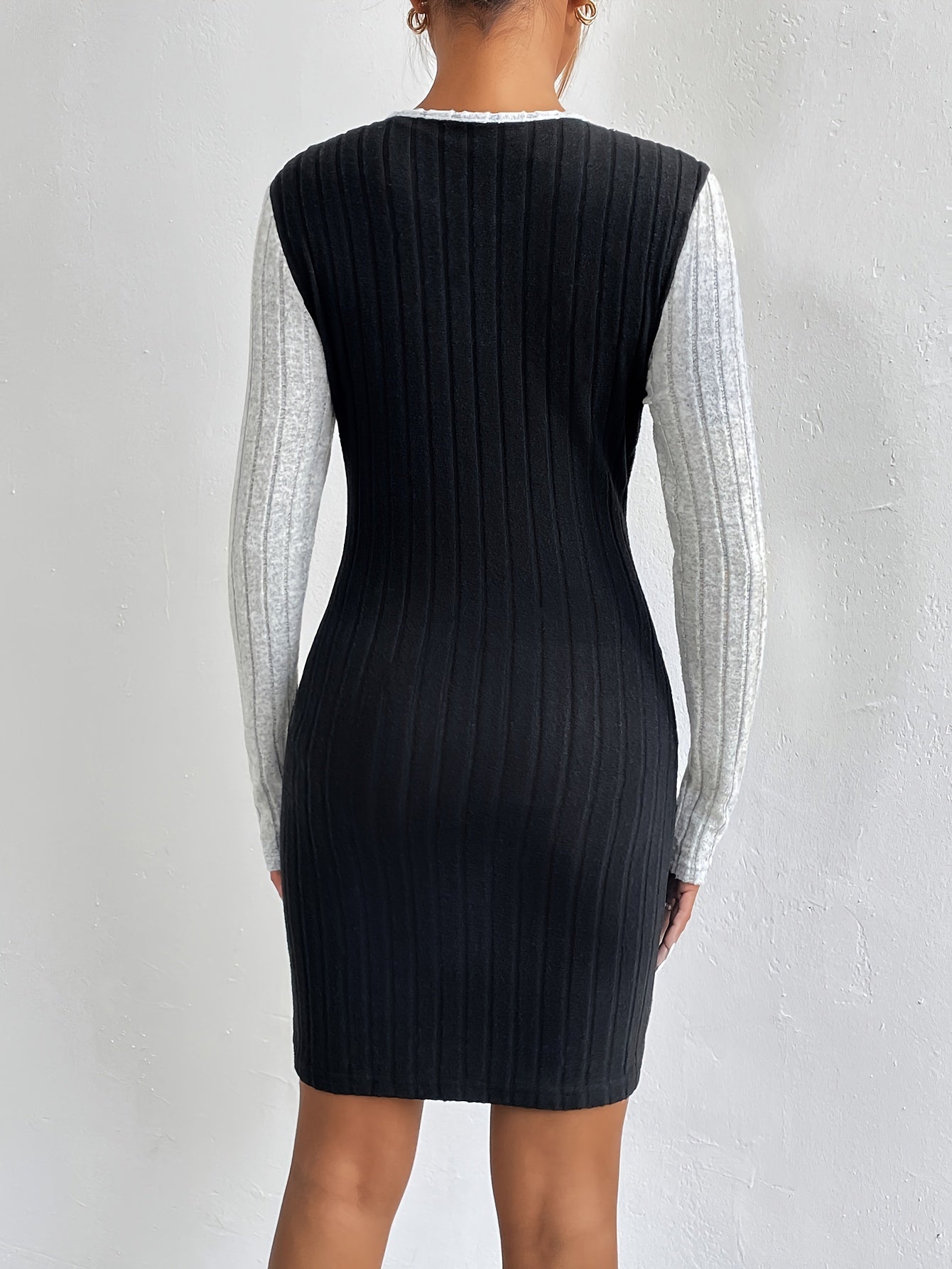 Antmvs Color Block Simple Dress, Elegant Crew Neck Long Sleeve Dress, Women's Clothing
