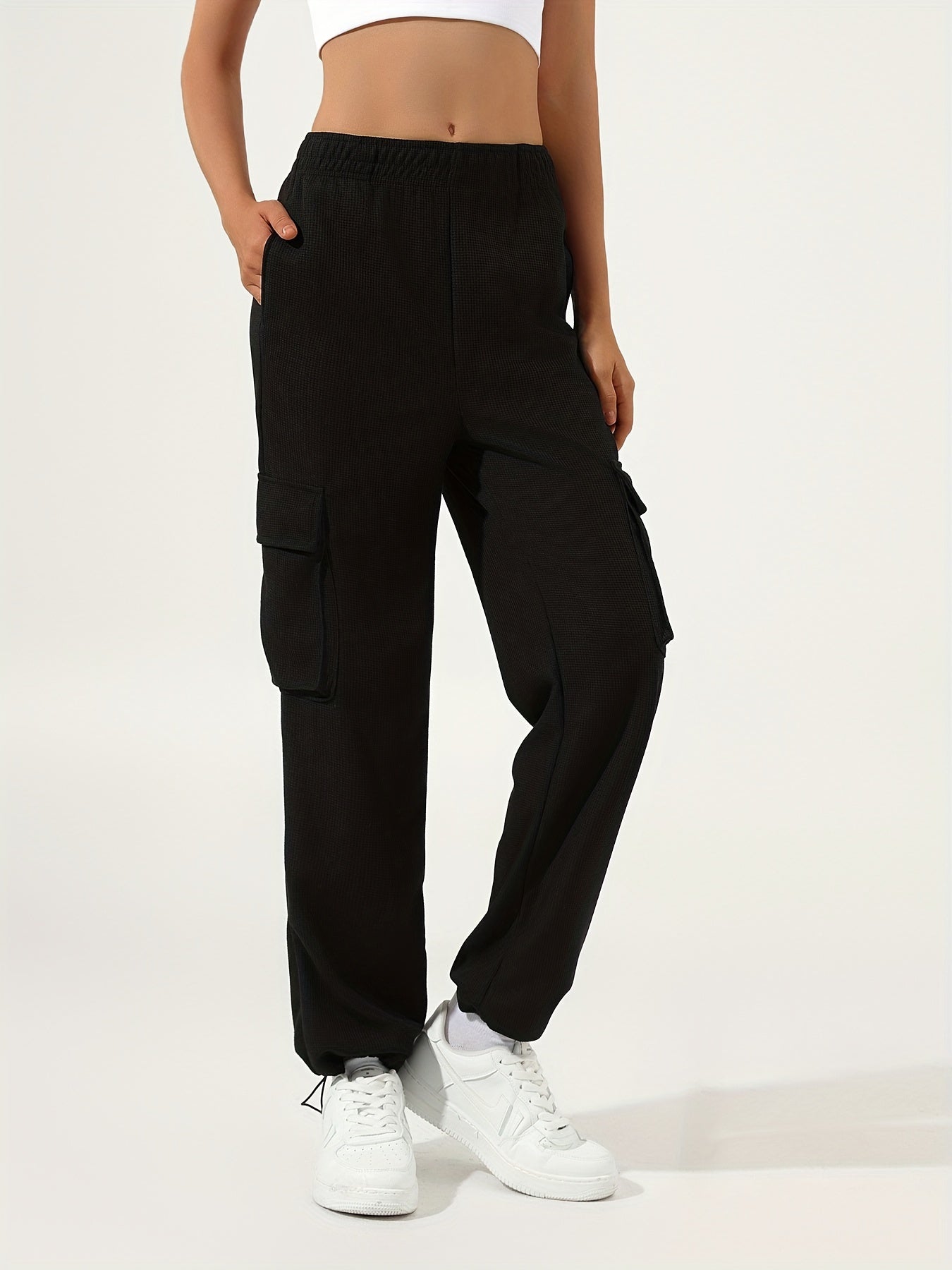 Antmvs Waffle Casual Sports Elastic Waist Sweatpants, Multi-pocket High Waist Solid Color Joggers Pants, Women's Athleisure
