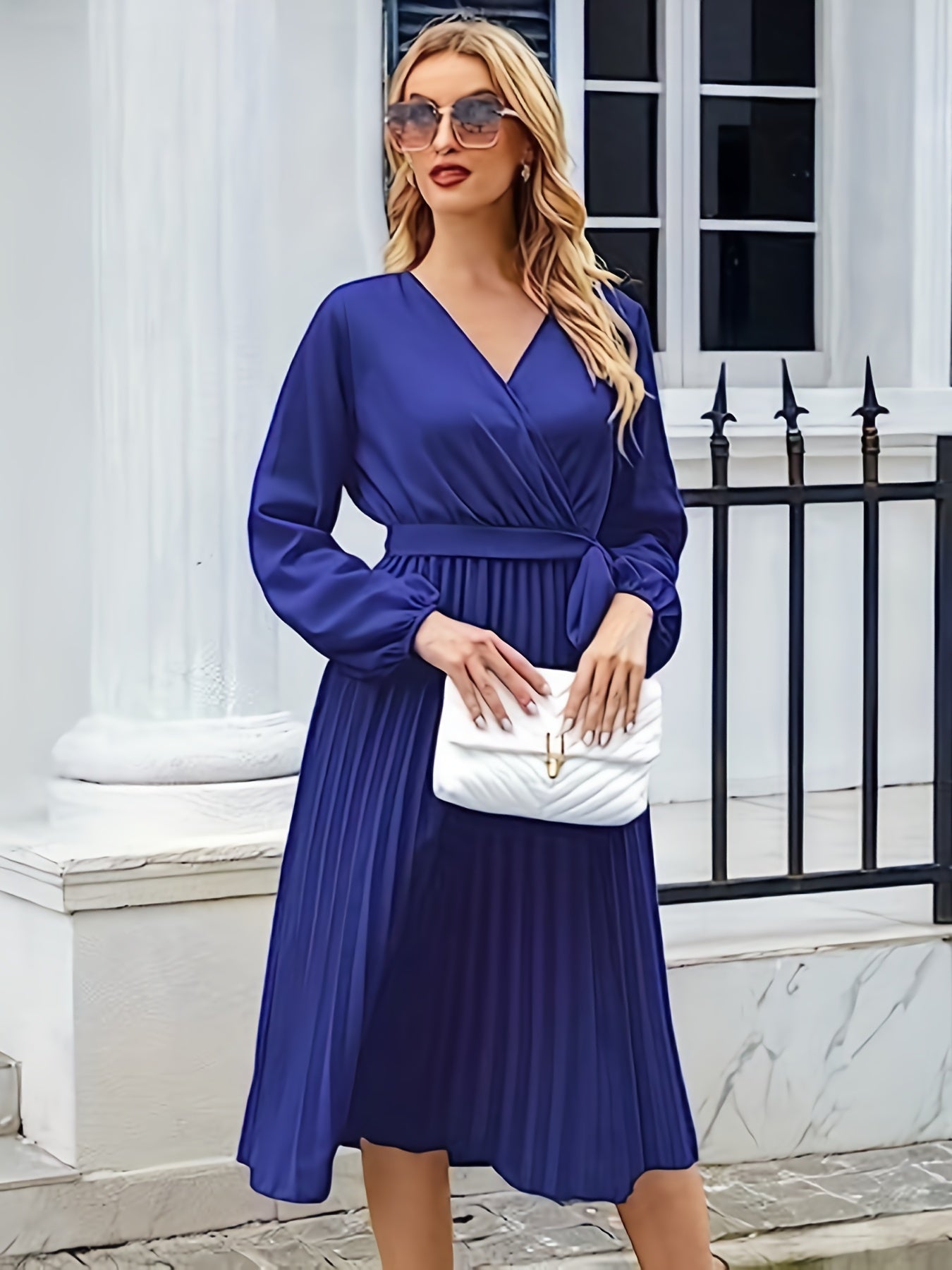 Antmvs Surplice Neck Pleated Dress, Elegant Long Sleeve Dress For Spring & Fall, Women's Clothing