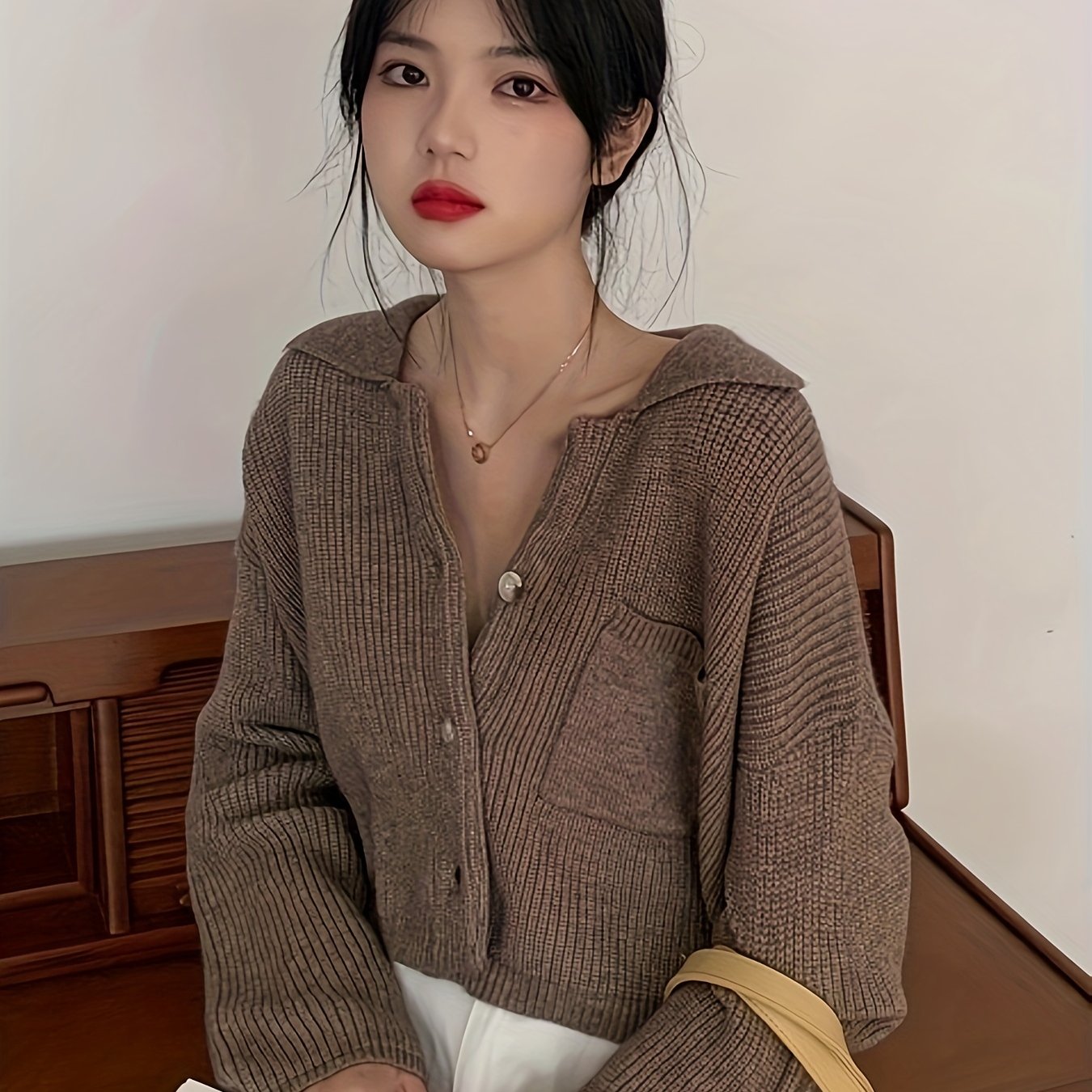 Antmvs Solid Turndown Collar Knit Cardigan, Vintage Button Front Long Sleeve Crop Sweater, Women's Clothing