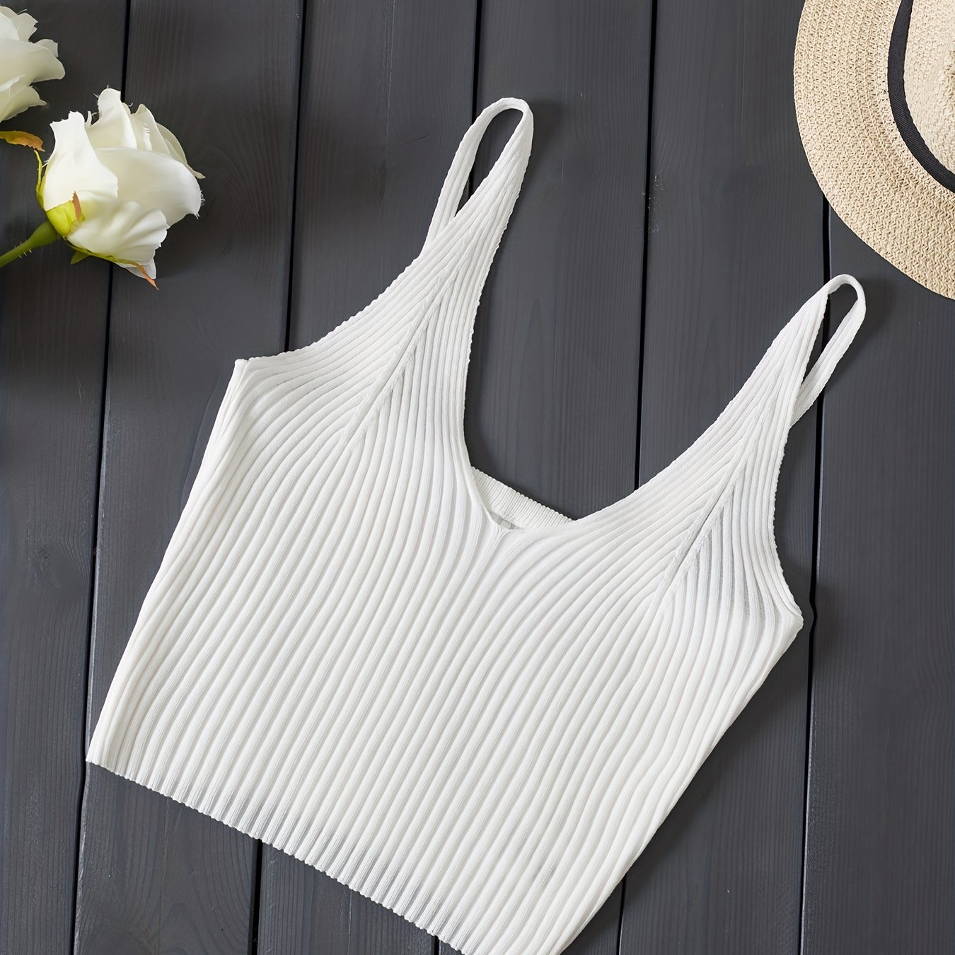 Antmvs Ribbed Knit Crop Cami Top, Y2K Sleeveless Top For Spring & Summer, Women's Clothing