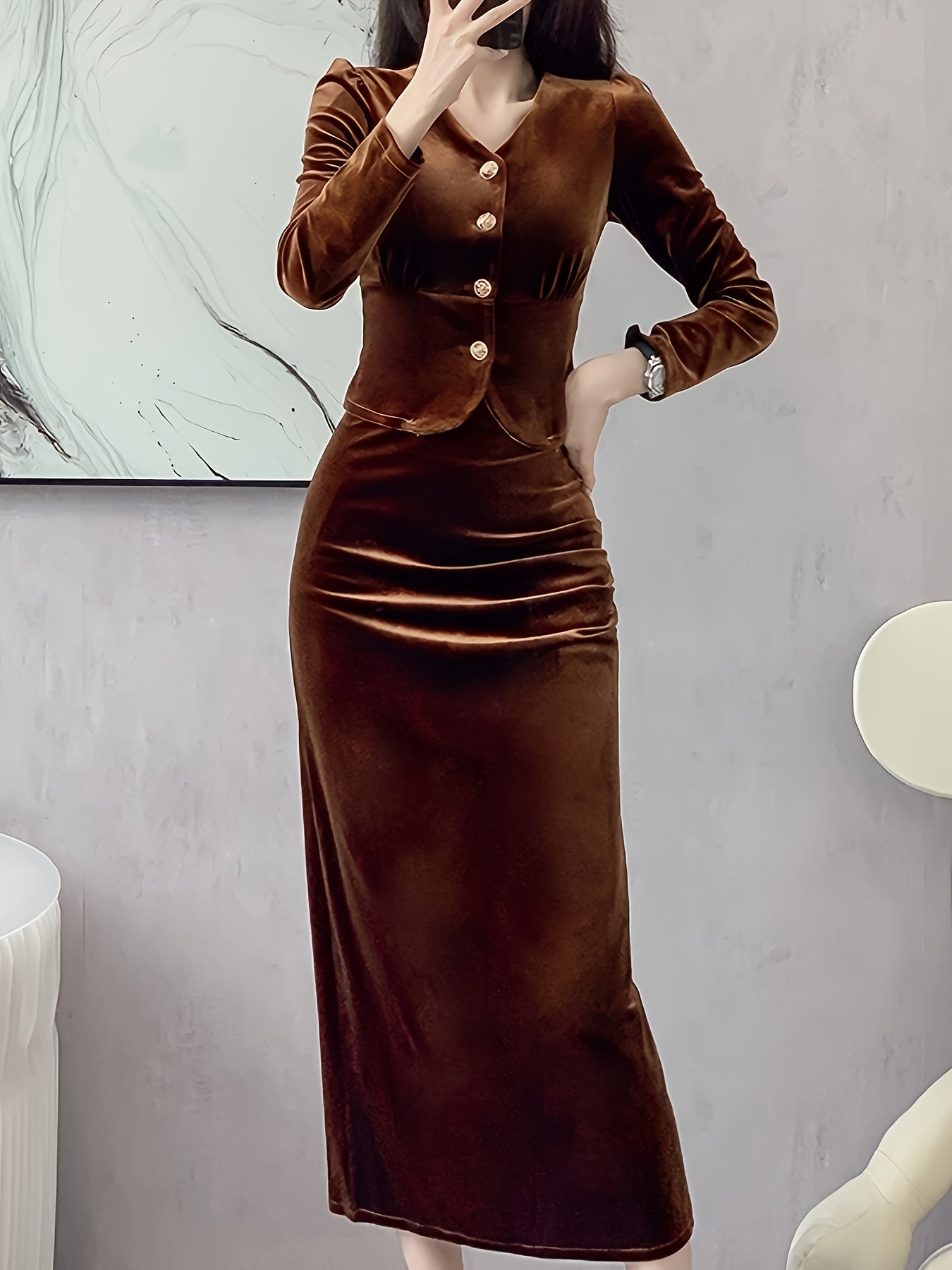 Antmvs Solid Bodycon Two-piece Set, Button Front Long Sleeve Tops & High Waist Midi Skirts Outfits, Women's Clothing