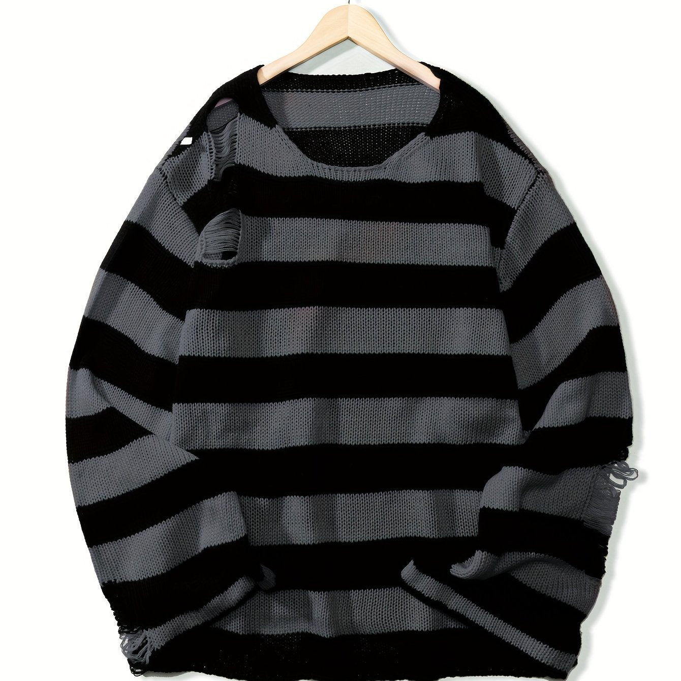 Antmvs All Match Knitted Ripped Striped Sweater, Men's Casual Warm Slightly Stretch Crew Neck Pullover Sweater For Fall Winter