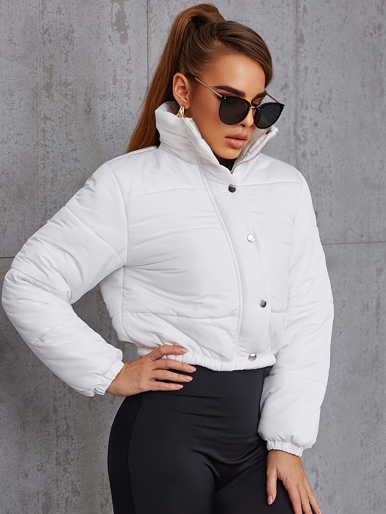 Antmvs Button Front Zip Up Padded Coat, Casual Winter Warm Long Sleeve Outerwear, Women's Clothing