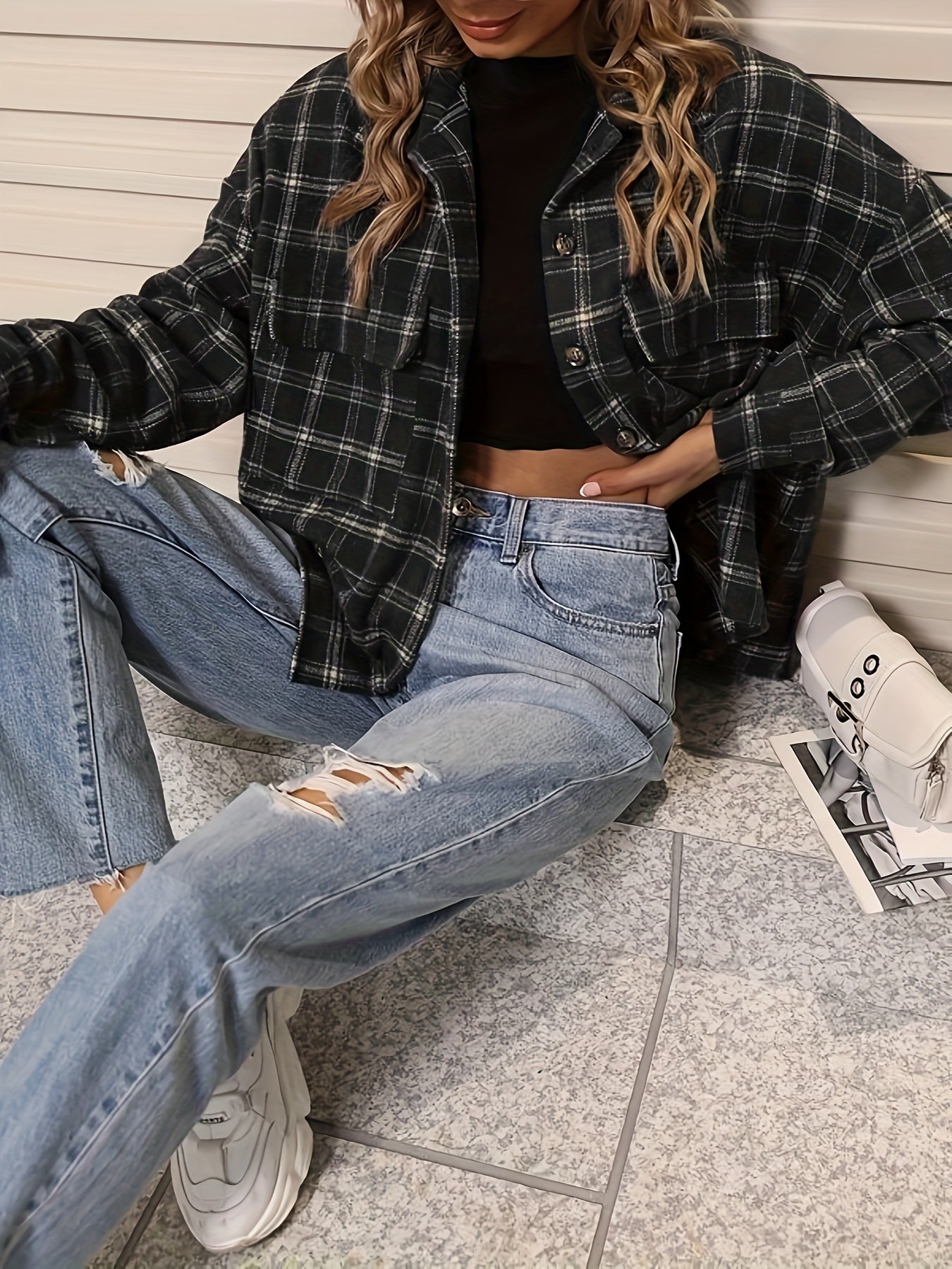 Antmvs Plus Size Casual Jacket, Women's Plus Plaid Print Long Sleeve Button Up Lapel Collar Jacket With Pockets