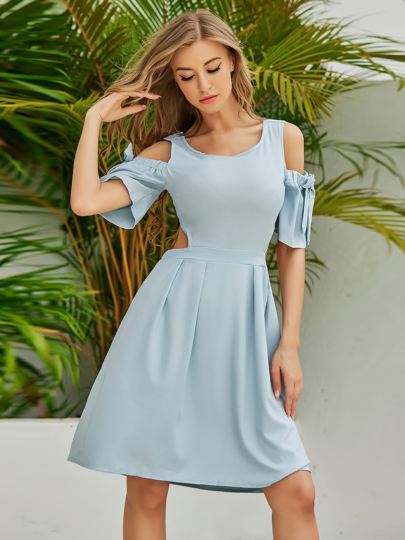 Antmvs Elegant Off Shoulder Women's High Waist Dress, Fashion Solid Slim Temperament Dress, Women's Clothing