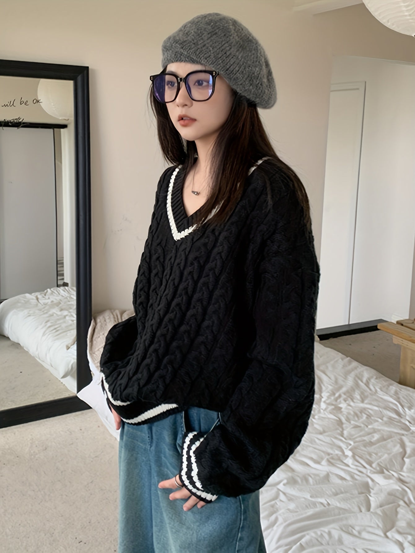 Antmvs Cable V Neck Pullover Sweater, Casual Long Sleeve Drop Shoulder Sweater, Women's Clothing