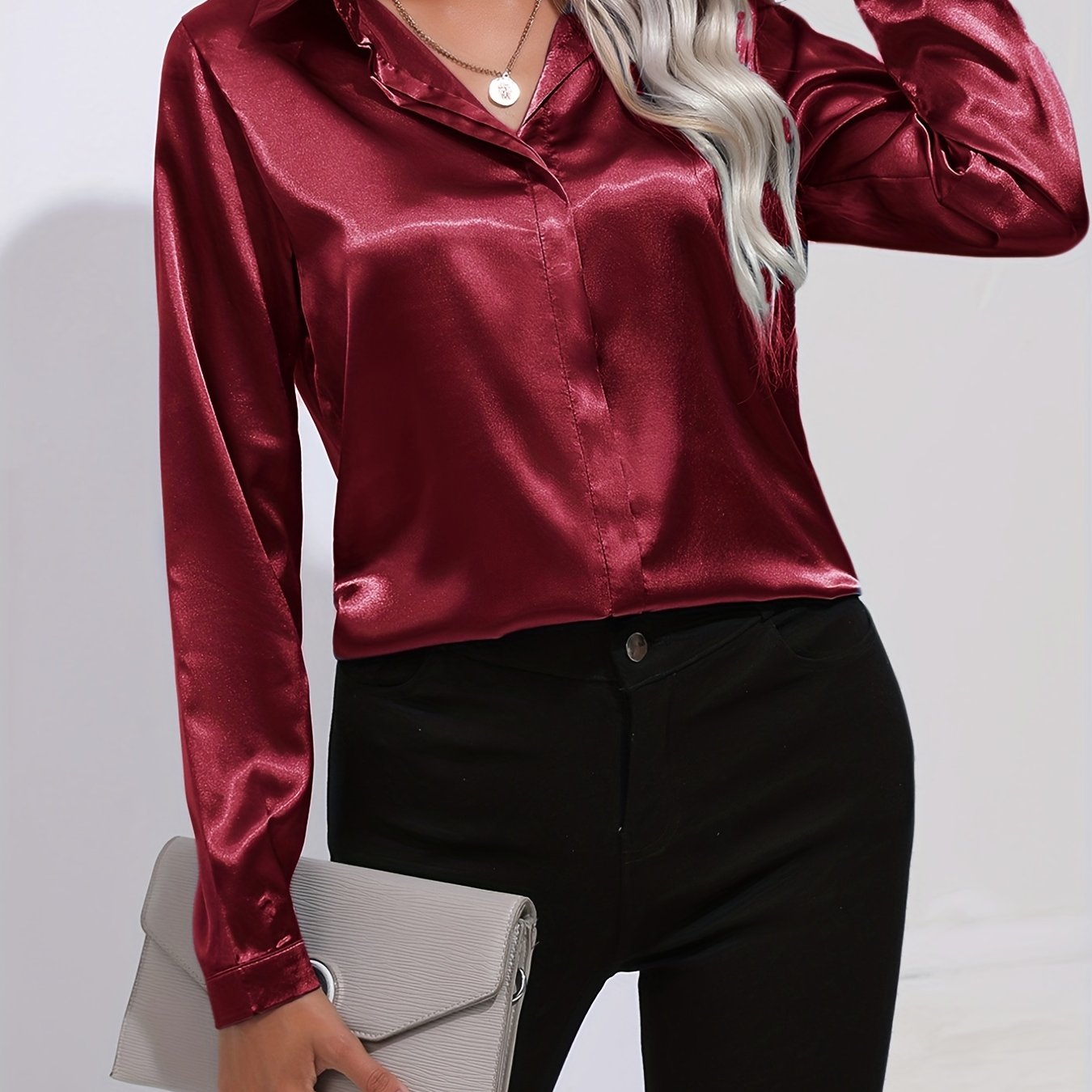 Antmvs Elegant Satin Blouse, Collar Long Sleeve Work Blouse, Women's Clothing