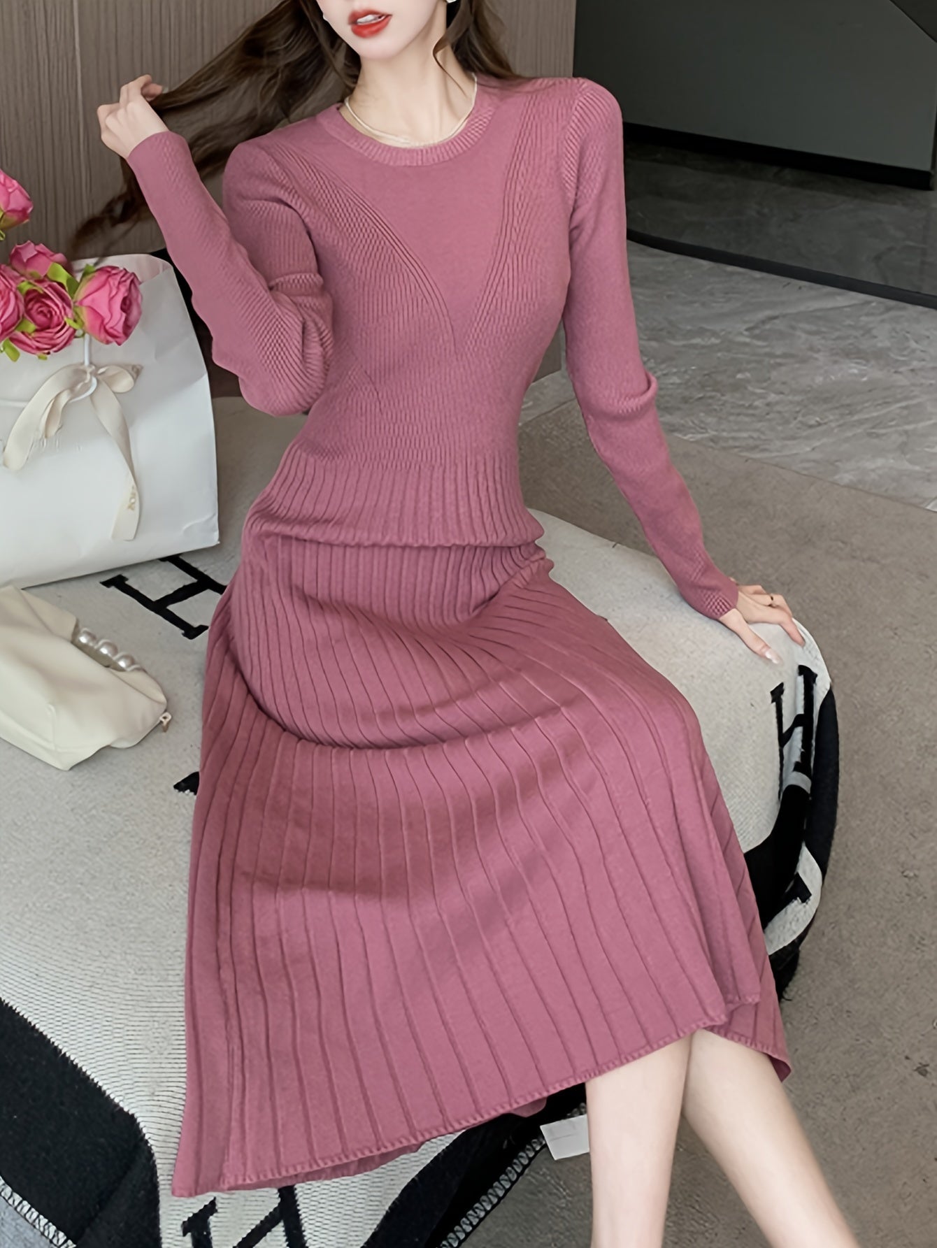 Antmvs Solid Color Long Sleeve Knit Dress, Chic Long Sleeve Crew Neck A-line Dress, Women's Clothing