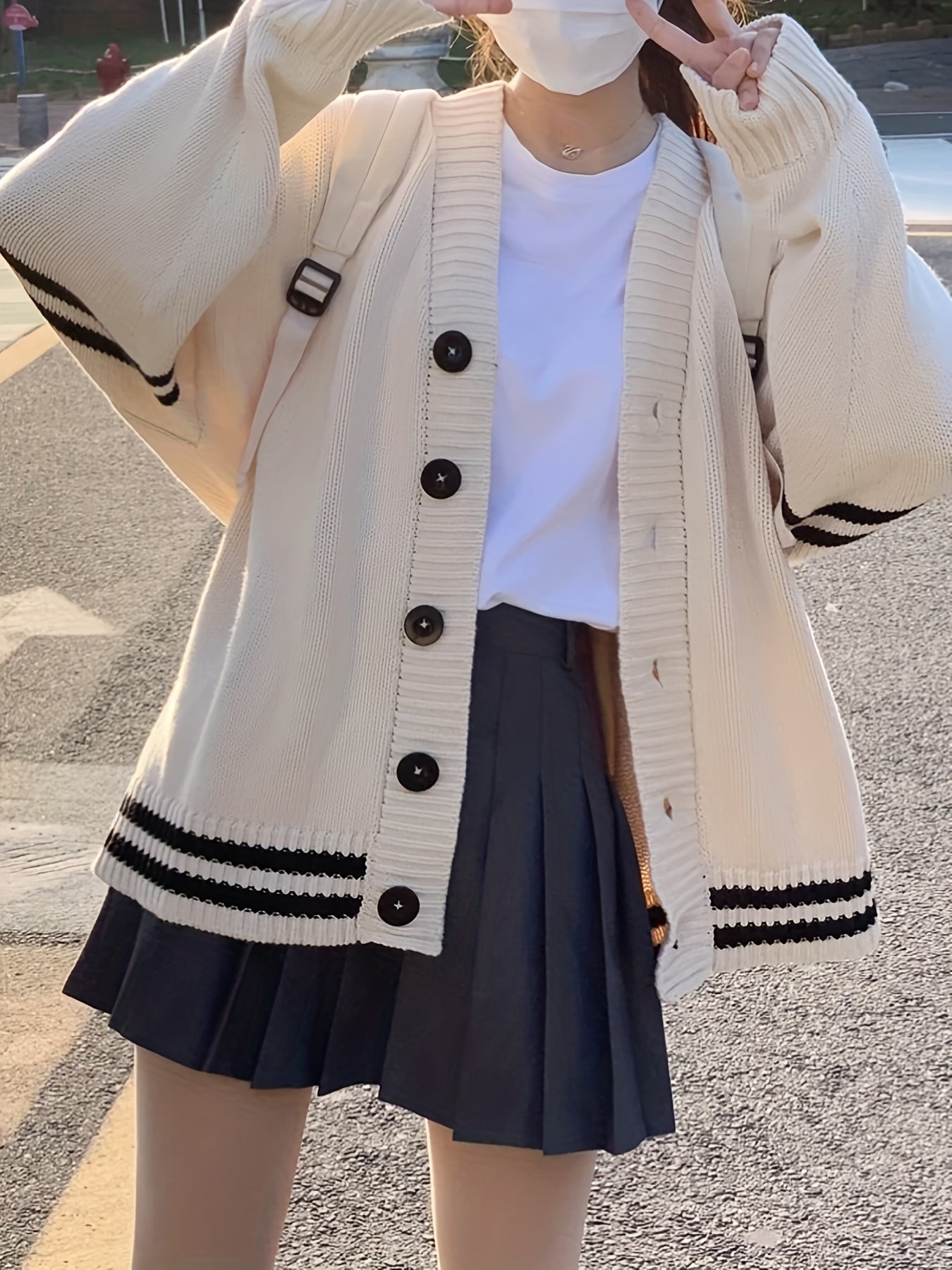 Antmvs Striped Button V-neck Cardigan, Casual Long Sleeve Cardigan For Fall & Winter, Women's Clothing