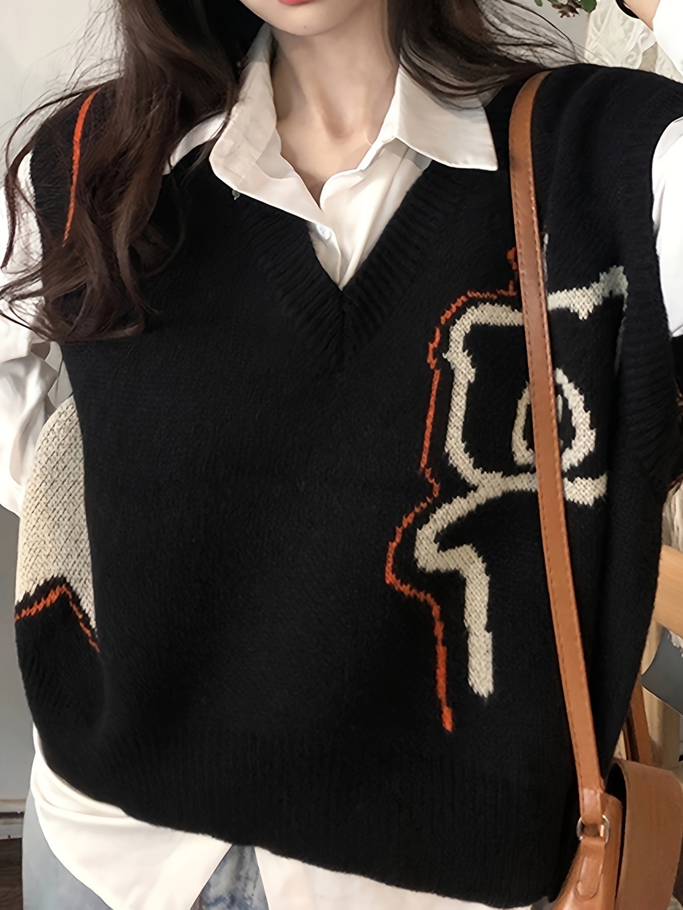 Antmvs Graphic Printed Knitted Sweater Vest, Casual V-neck Sweater Vest For Fall & Winter, Women's Clothing