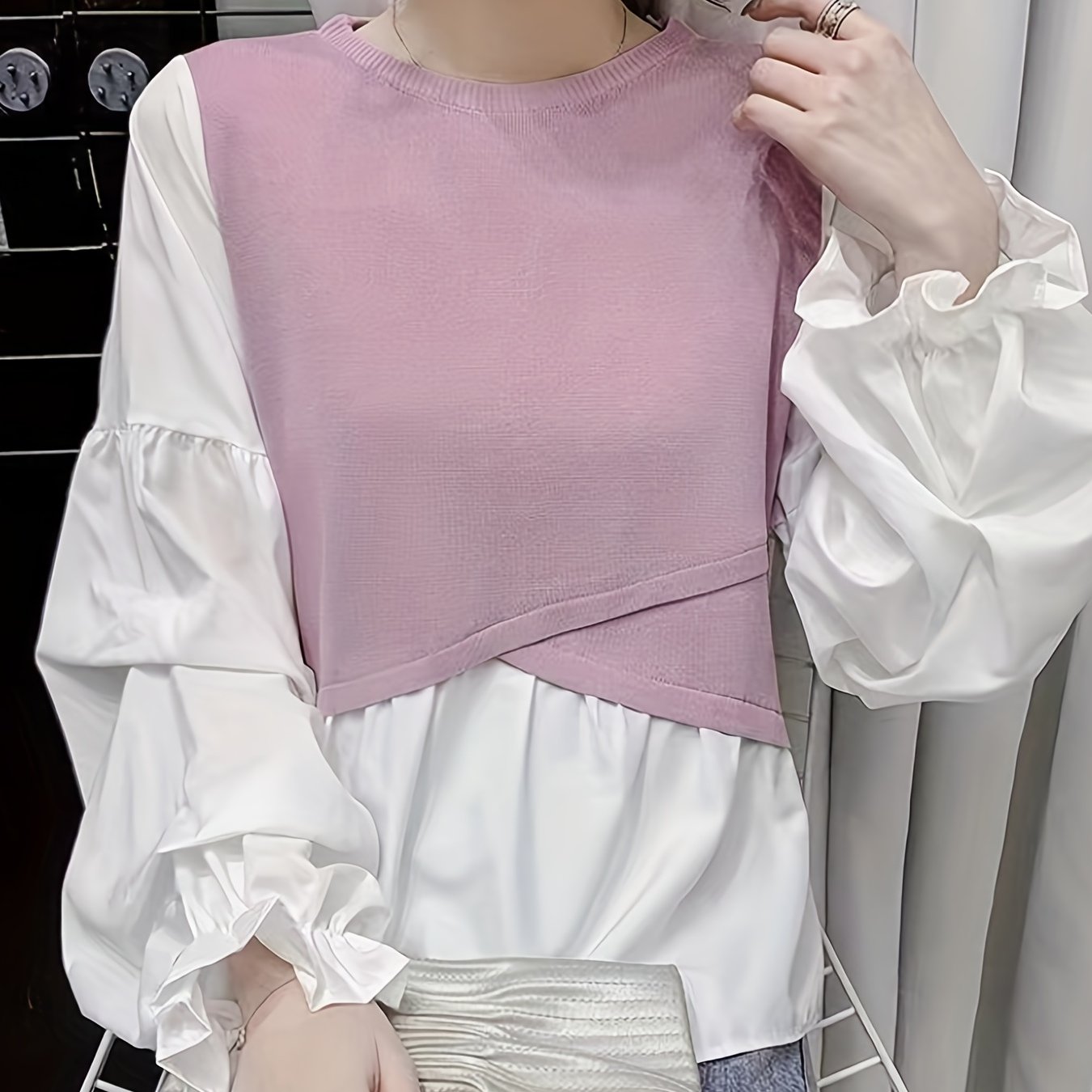 Antmvs Stitching Puff Sleeve Knitted Top, Elegant Crew Neck Long Sleeve Top, Women's Clothing