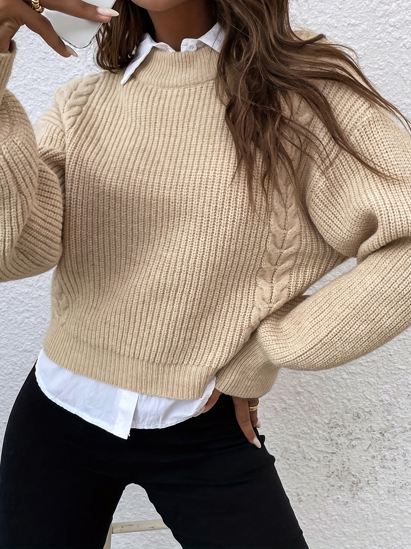 Antmvs Solid Crew Neck Pullover Sweater, Casual Long Sleeve Sweater For Fall & Winter, Women's Clothing