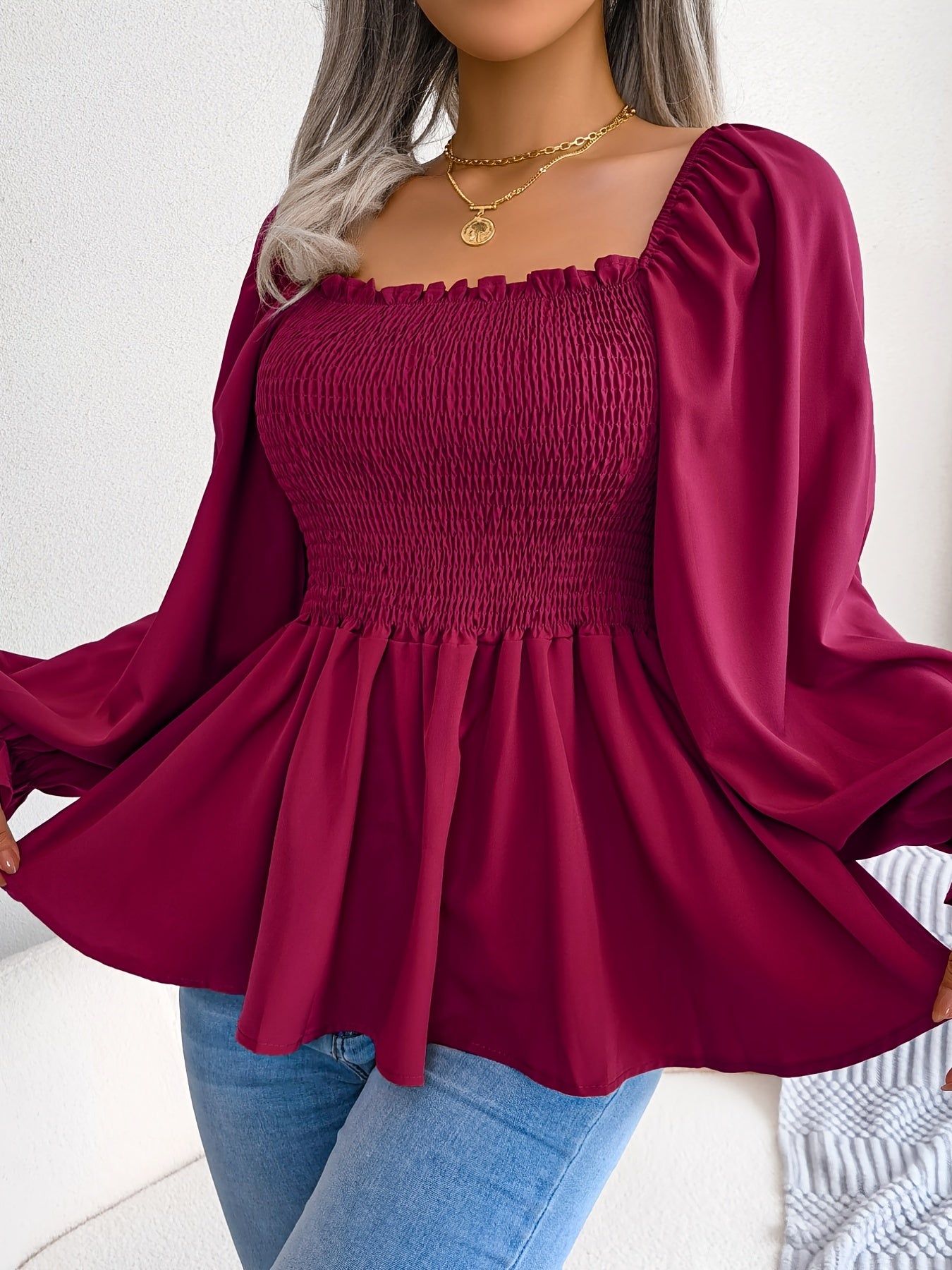 Antmvs Shirred Lantern Sleeve Shirt, Casual Squared Neck Pleated Ruffle Trim Solid Shirt, Women's Clothing