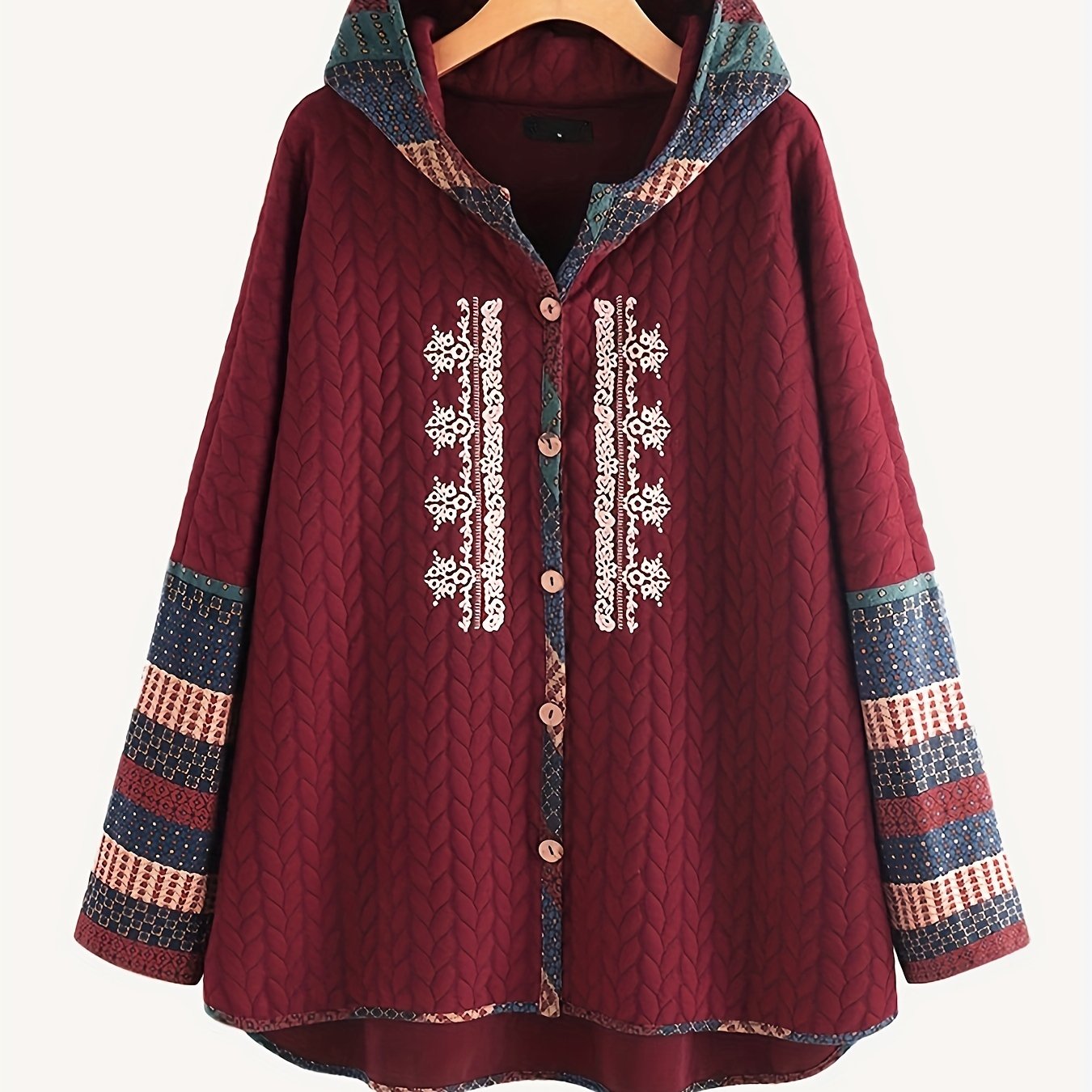 Antmvs Plus Size Rib Knit Solid Hoodie Colorblock Coat, Women's Plus Slight Stretch Casual Winter Coat