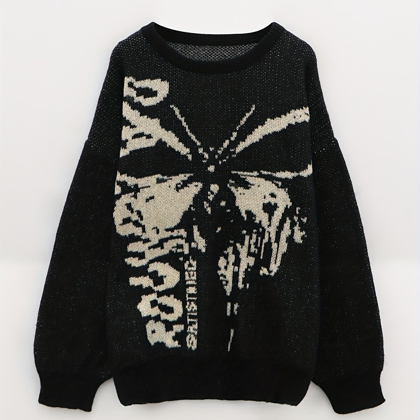 Antmvs Butterfly Pattern Knit Sweater, Y2K Crew Neck Long Sleeve Sweater, Women's Clothing