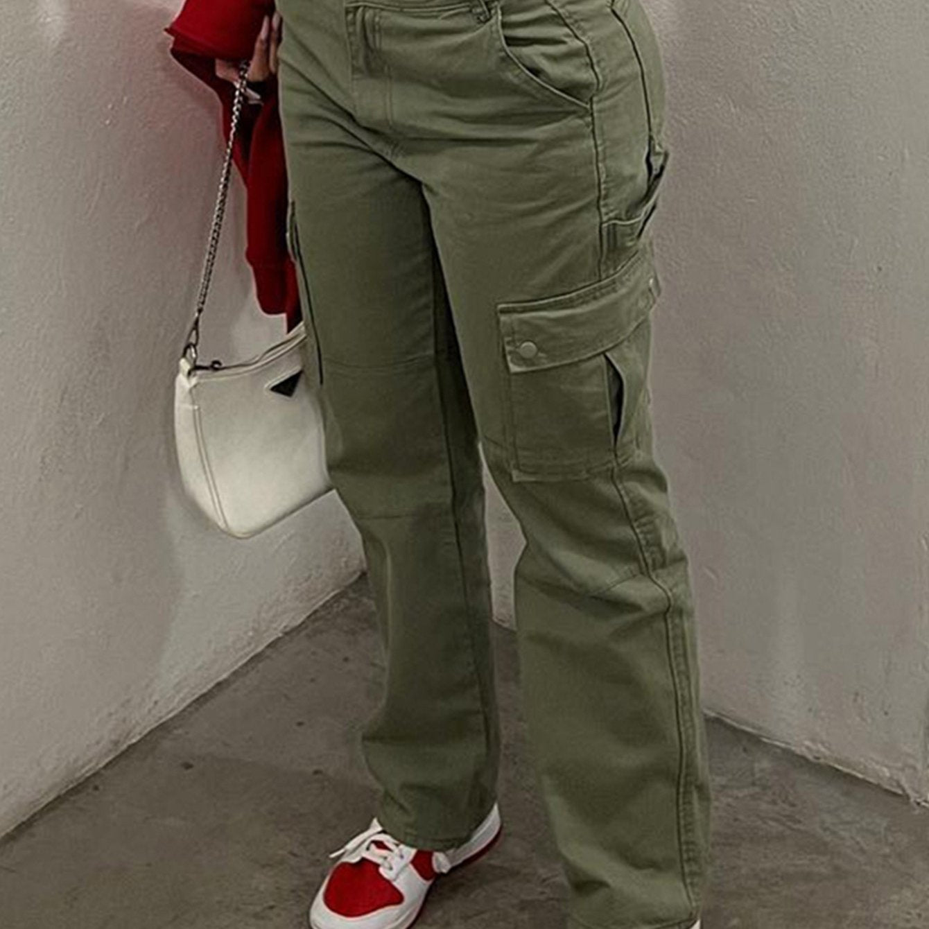 Antmvs Straight Leg Cargo Pants, Y2K Solid High Waist Casual Fashion Slim Wide Leg Pants, Women's Clothing