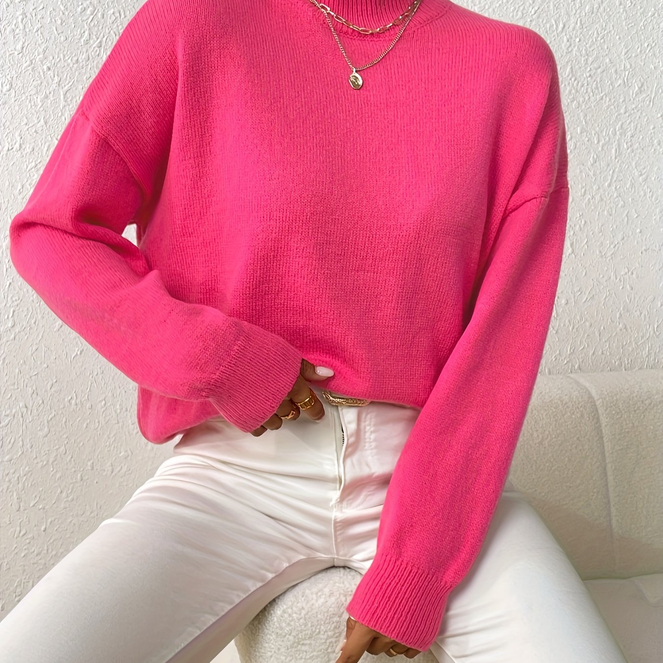 Antmvs Solid Mock Neck Knit Sweater, Casual Drop Shoulder Long Sleeve Sweater, Women's Clothing