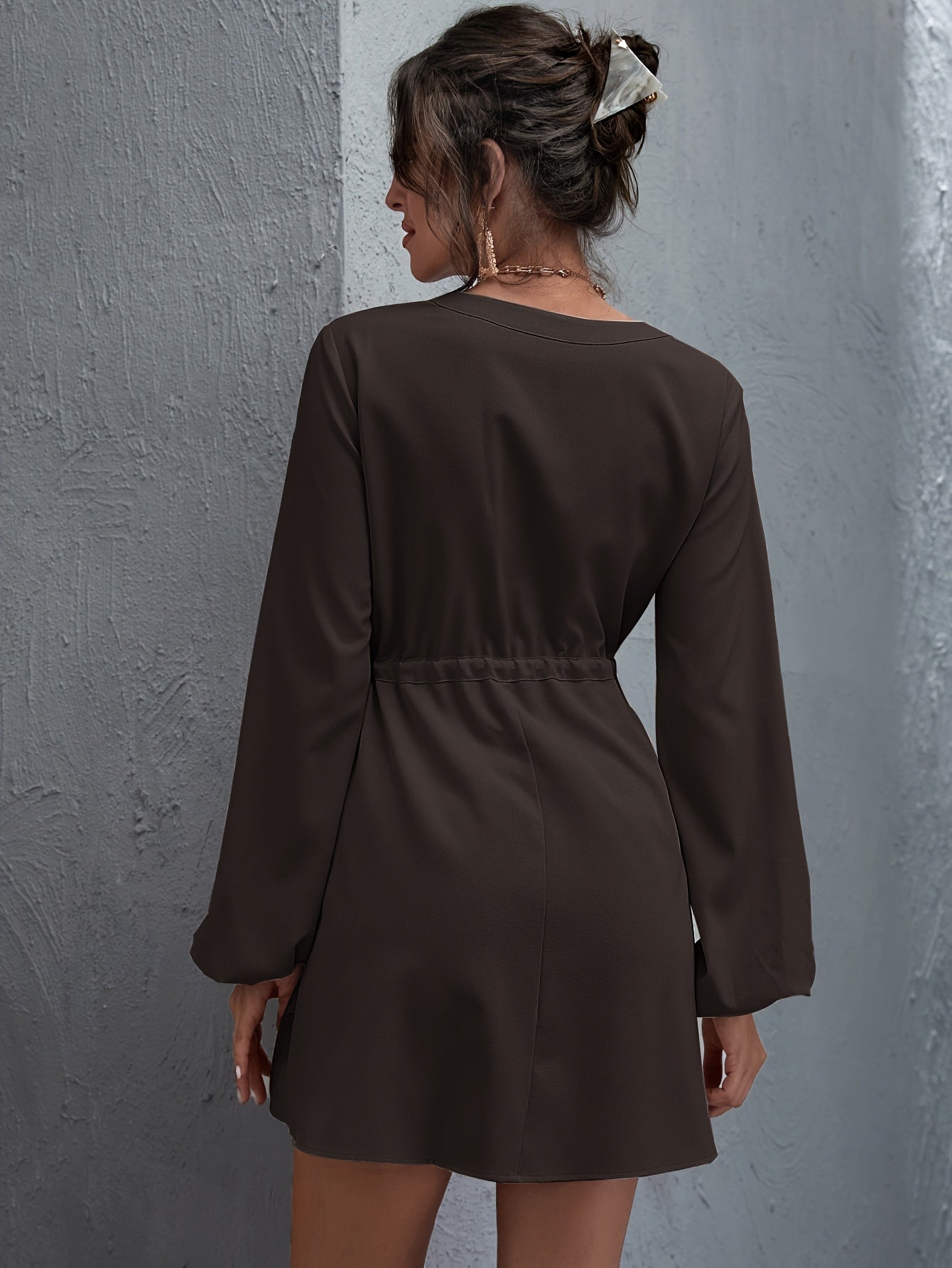 Antmvs Ditsy Floral Print Dress, Elegant V Neck Long Sleeve Dress With Buttons, Women's Clothing