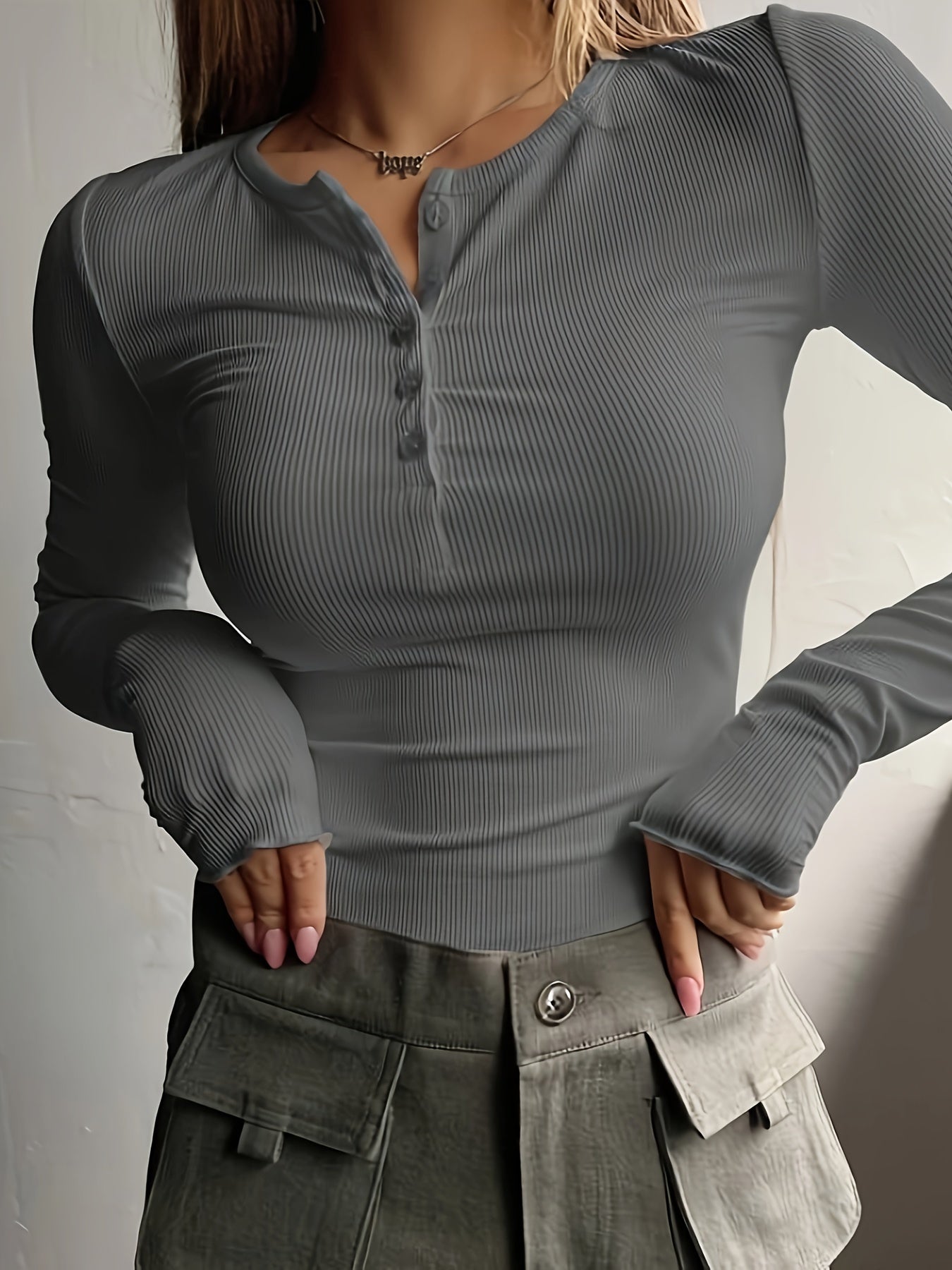 Antmvs Ribbed Button Front T-Shirt, Casual Long Sleeve Top For Spring & Fall, Women's Clothing