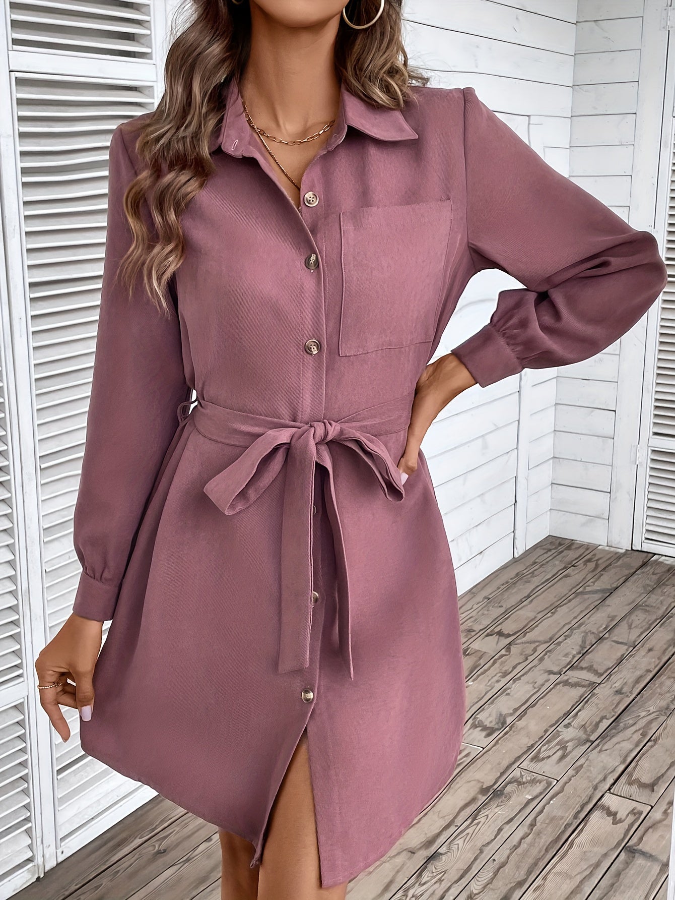 Antmvs Button Front Lantern Sleeve Dress, Casual Tie-waist Lapel Neck Dress For Spring & Fall, Women's Clothing